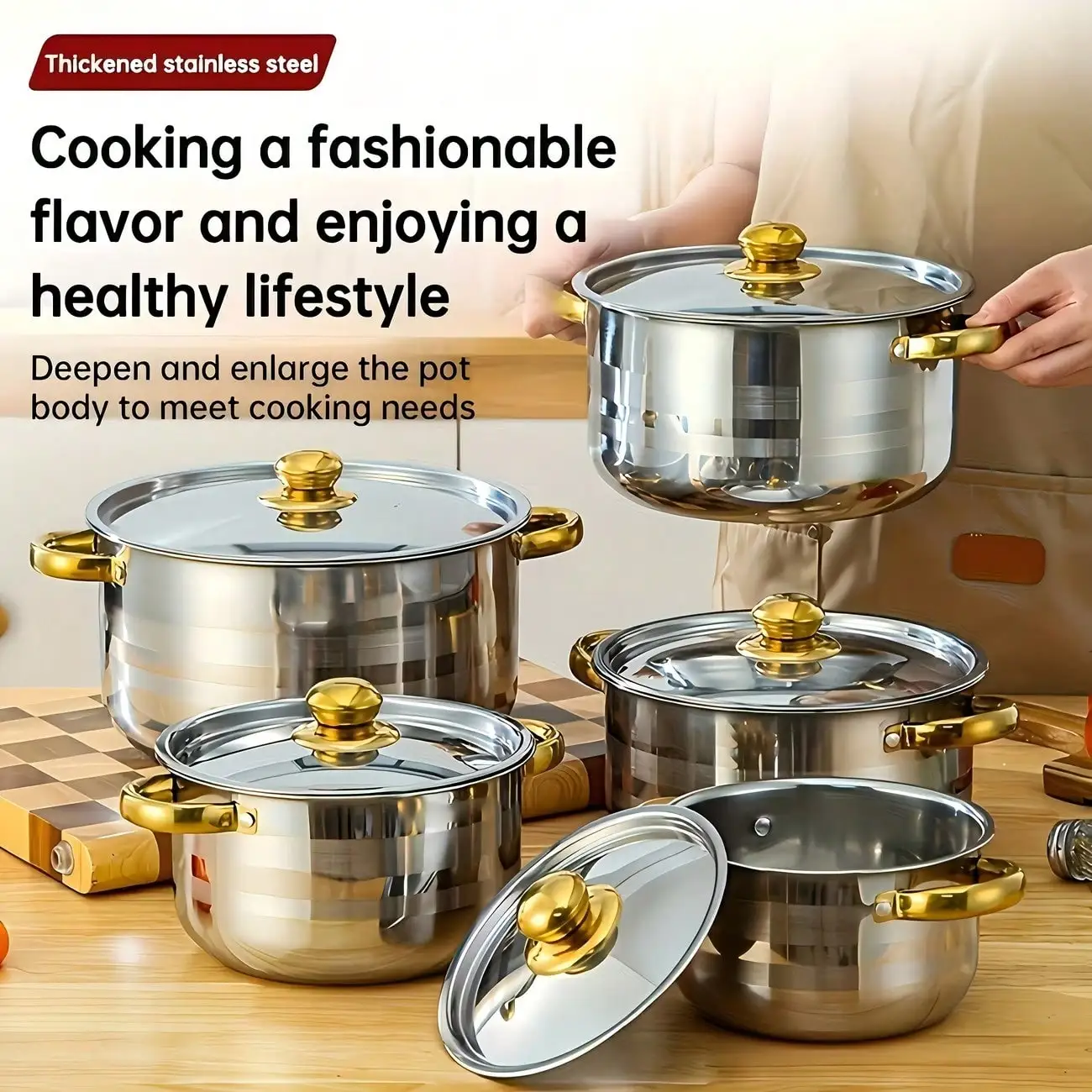TAIMASI [10pcs Stainless Steel Pot Set] 10pcs Stainless Steel Pot Set, Multi-Size Cooking Pots With 5 POTS + 5 LIDS | Deep Stock Pot, Suitable For Home And Restaurant Cooking, Soups, Hot Pots, Noodles, Pasta, Seafood Soups Christmas Thanksgiving Kitchen