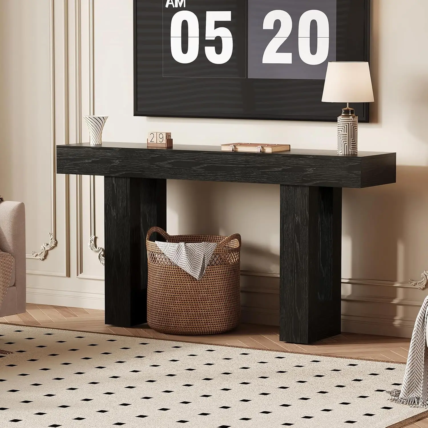 63" Console Table with Power Outlets, Thick Block Entryway Table Narrow Behind Couch Sofa Table, Modern Farmhouse Hallway Table for Living Room, Foyer, Black