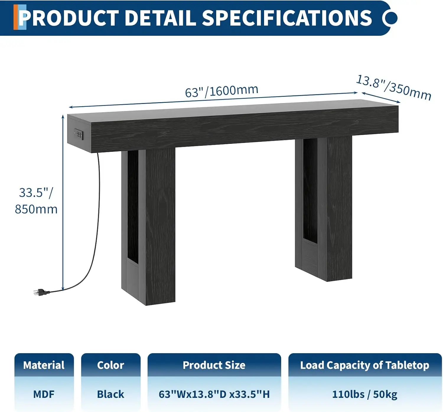 63" Console Table with Power Outlets, Thick Block Entryway Table Narrow Behind Couch Sofa Table, Modern Farmhouse Hallway Table for Living Room, Foyer, Black
