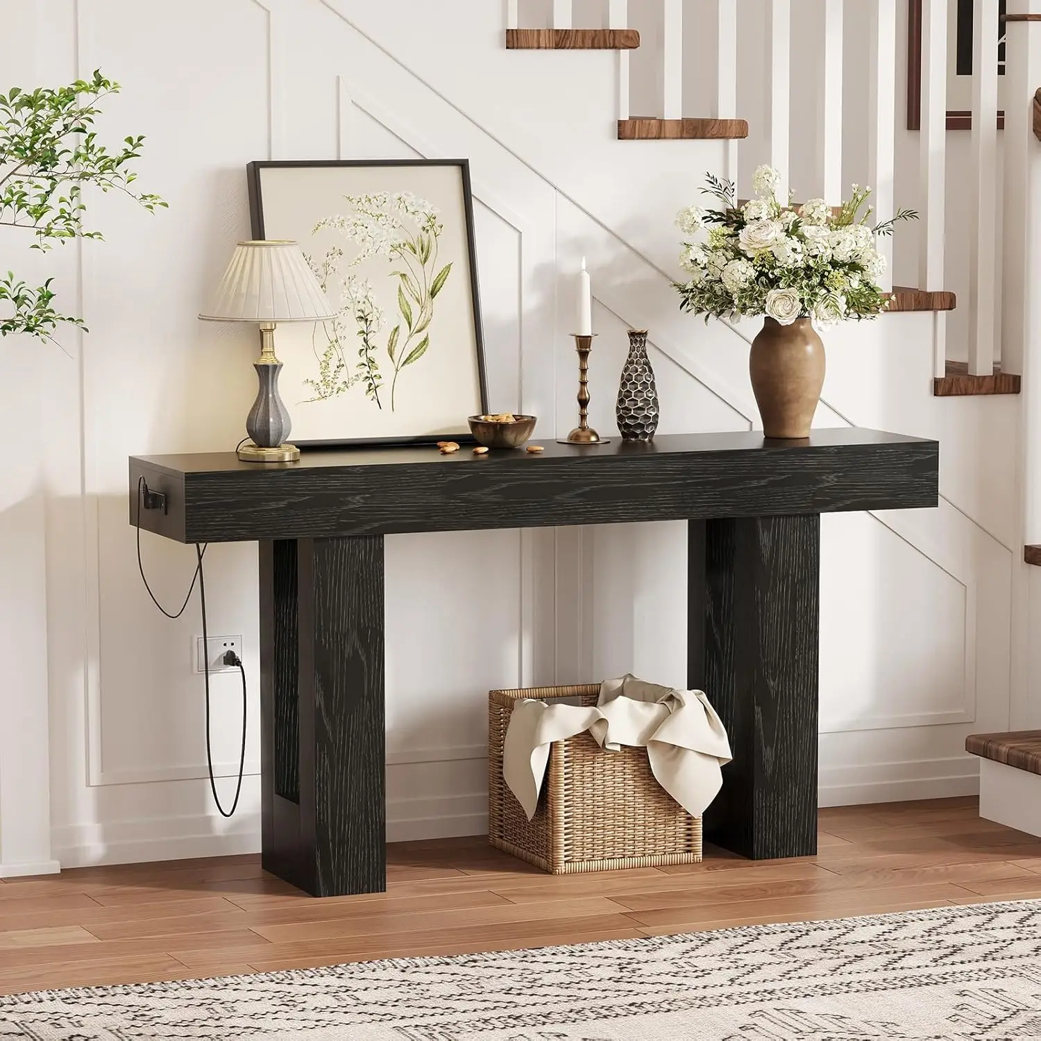63" Console Table with Power Outlets, Thick Block Entryway Table Narrow Behind Couch Sofa Table, Modern Farmhouse Hallway Table for Living Room, Foyer, Black