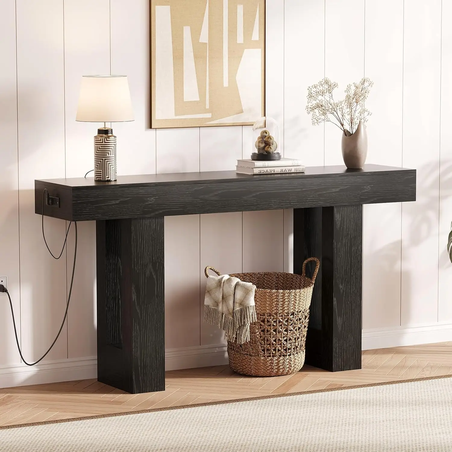 63" Console Table with Power Outlets, Thick Block Entryway Table Narrow Behind Couch Sofa Table, Modern Farmhouse Hallway Table for Living Room, Foyer, Black