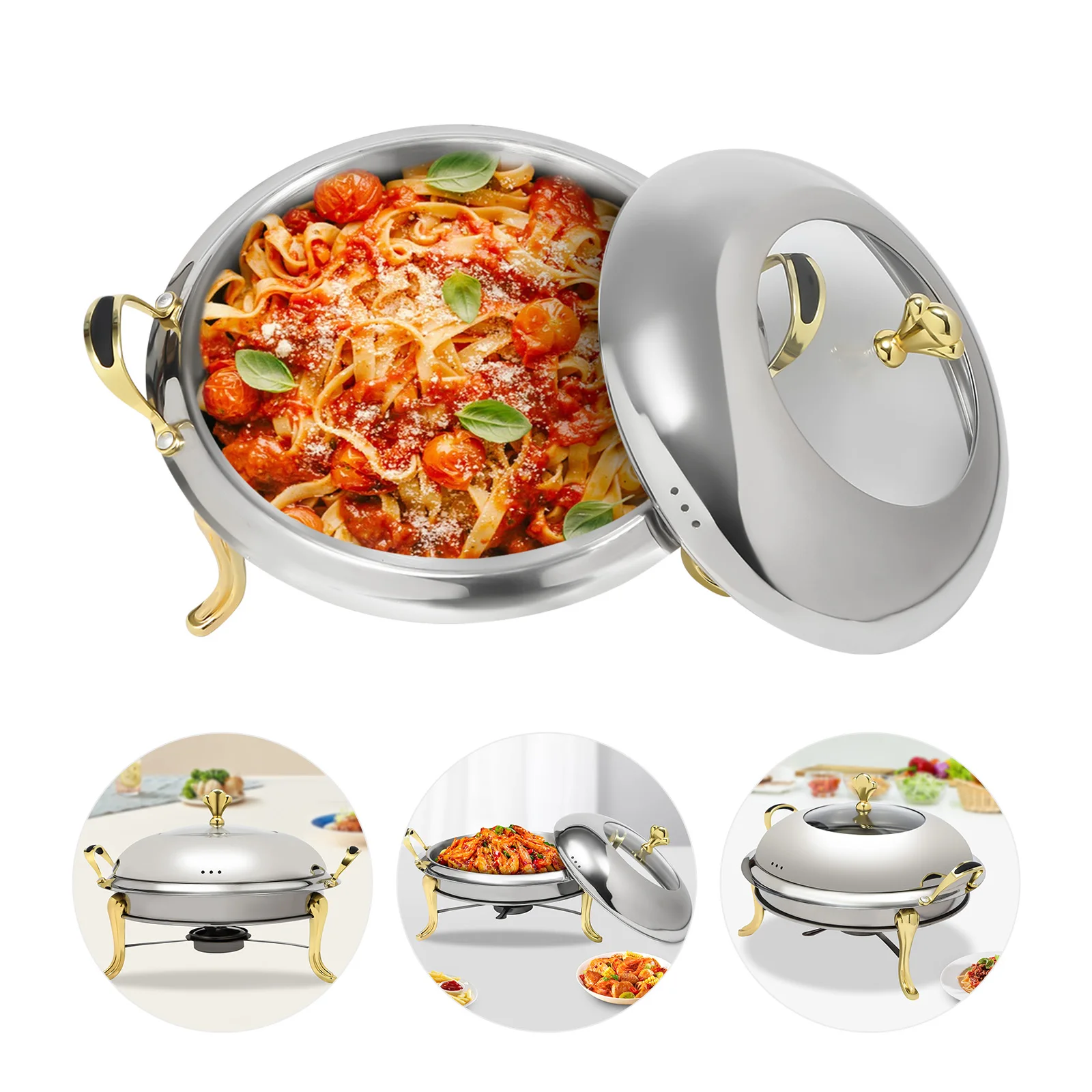 Round Stainless Steel Chafing Dish Buffet Warmer Set 2.5L with Support Frame & Glass Lid, Portable Food Server for Party Banquet