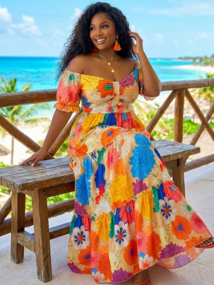 Plus Size Off Shoulder Short Puff Sleeve Tiered Maxi Dress For Women Beach Vacation Daily Bohemian Style Long Dress