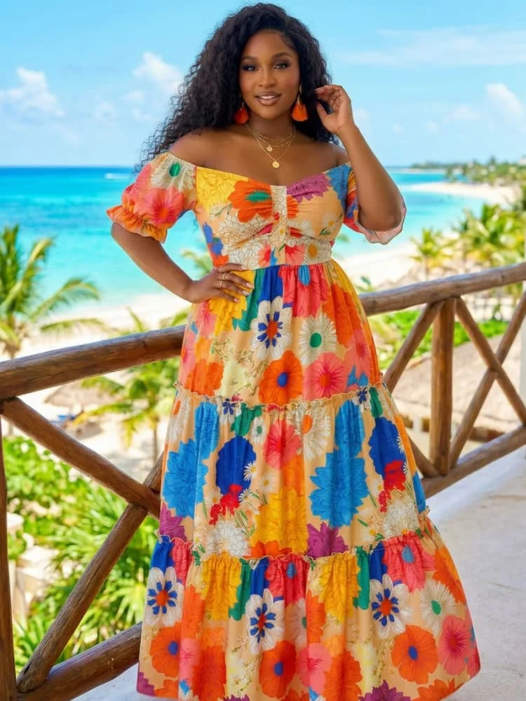 Plus Size Off Shoulder Short Puff Sleeve Tiered Maxi Dress For Women Beach Vacation Daily Bohemian Style Long Dress