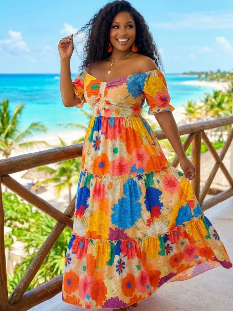 Plus Size Off Shoulder Short Puff Sleeve Tiered Maxi Dress For Women Beach Vacation Daily Bohemian Style Long Dress