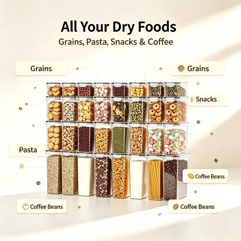 24‑Pack Airtight Food Storage Containers with Grey Lids, BPA‑Free Stackable Plastic Kitchen Pantry Organizer for Dry Food Flour Rice Pasta Cereal, Come with 24 Chalkboard Labels & Marker