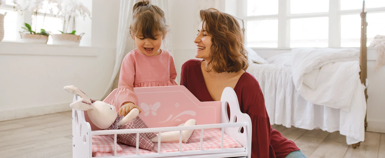 ROBUD Wooden Baby Doll Bed Prentend Playset with Storage and Bedding Sturdy for 18 Inch Dolls Baby Doll Cribs Nice Gift for Kids