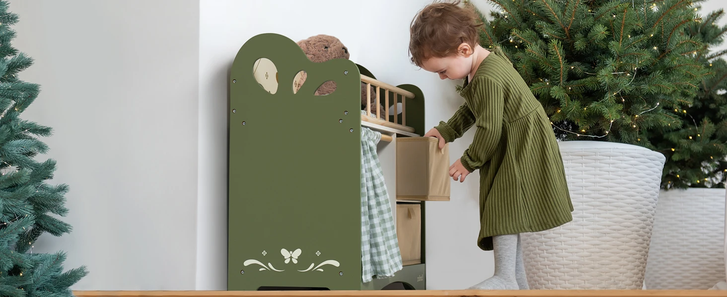 ROBUD Wooden Baby Doll Bed Prentend Playset with Storage and Bedding Sturdy for 18 Inch Dolls Baby Doll Cribs Nice Gift for Kids