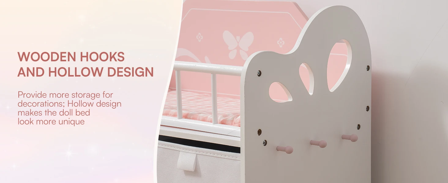ROBUD Wooden Baby Doll Bed Prentend Playset with Storage and Bedding Sturdy for 18 Inch Dolls Baby Doll Cribs Nice Gift for Kids