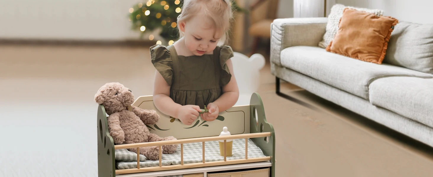 ROBUD Wooden Baby Doll Bed Prentend Playset with Storage and Bedding Sturdy for 18 Inch Dolls Baby Doll Cribs Nice Gift for Kids