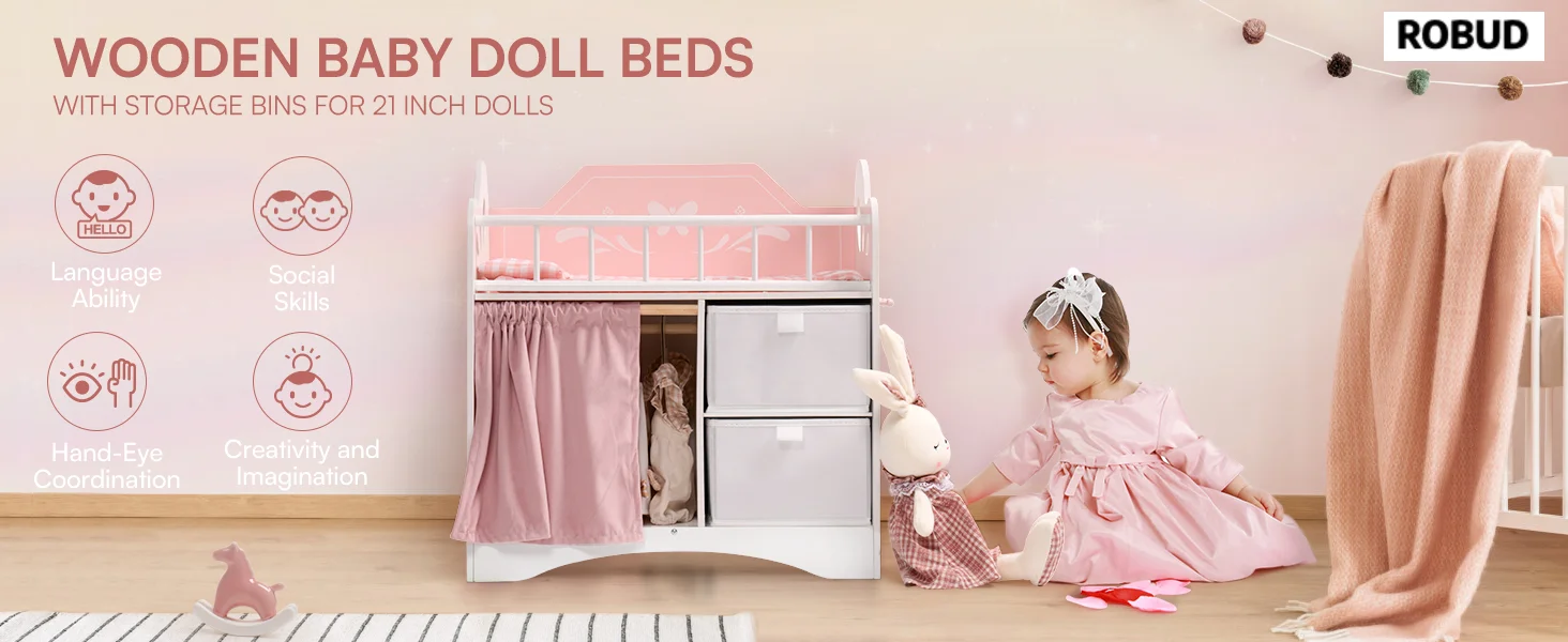 ROBUD Wooden Baby Doll Bed Prentend Playset with Storage and Bedding Sturdy for 18 Inch Dolls Baby Doll Cribs Nice Gift for Kids
