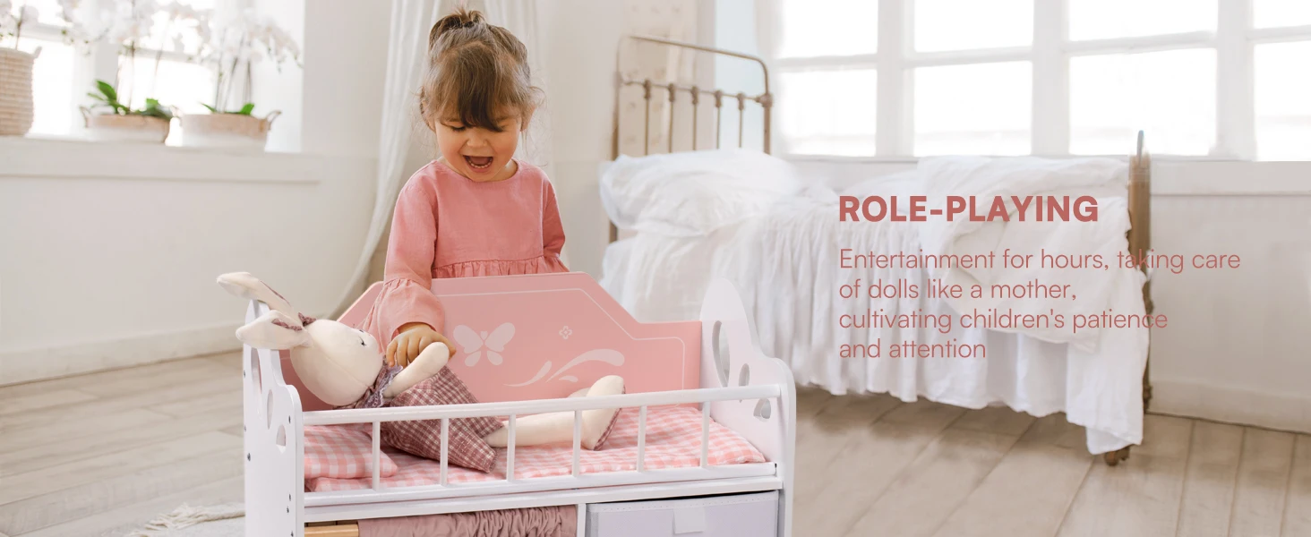ROBUD Wooden Baby Doll Bed Prentend Playset with Storage and Bedding Sturdy for 18 Inch Dolls Baby Doll Cribs Nice Gift for Kids