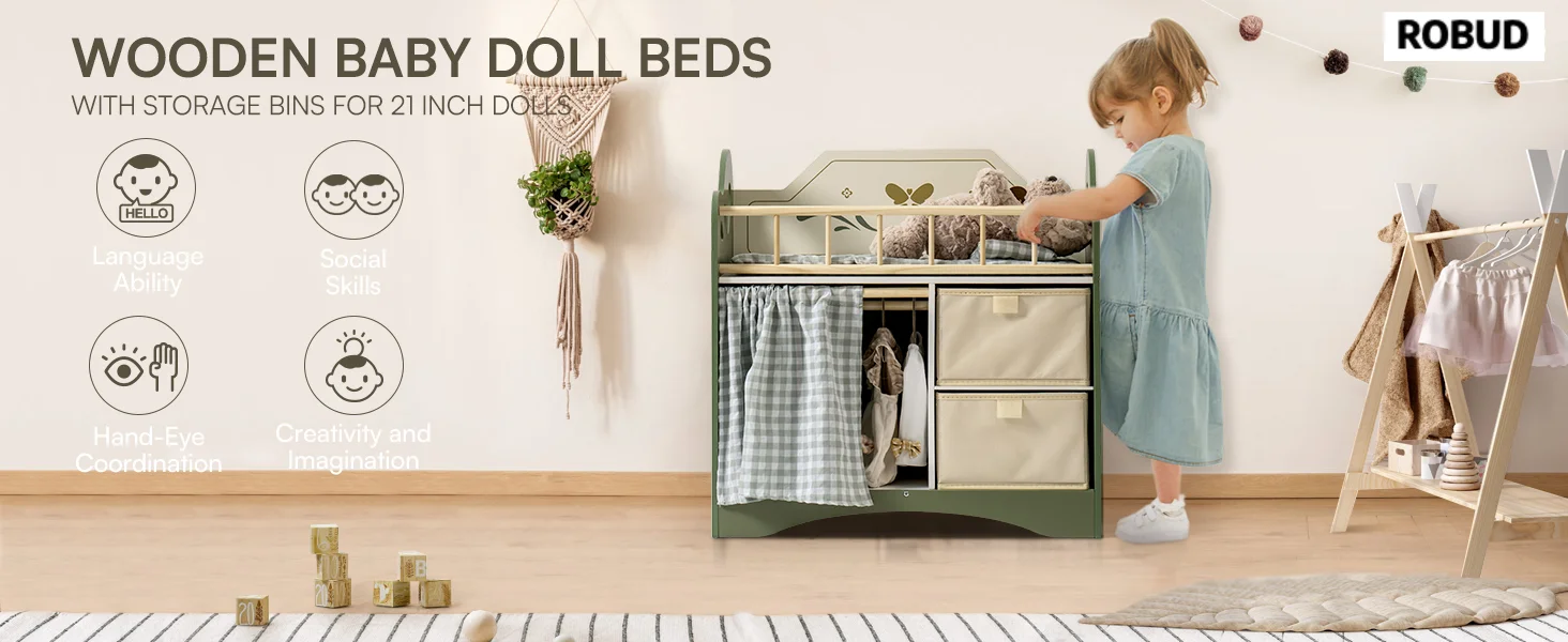 ROBUD Wooden Baby Doll Bed Prentend Playset with Storage and Bedding Sturdy for 18 Inch Dolls Baby Doll Cribs Nice Gift for Kids