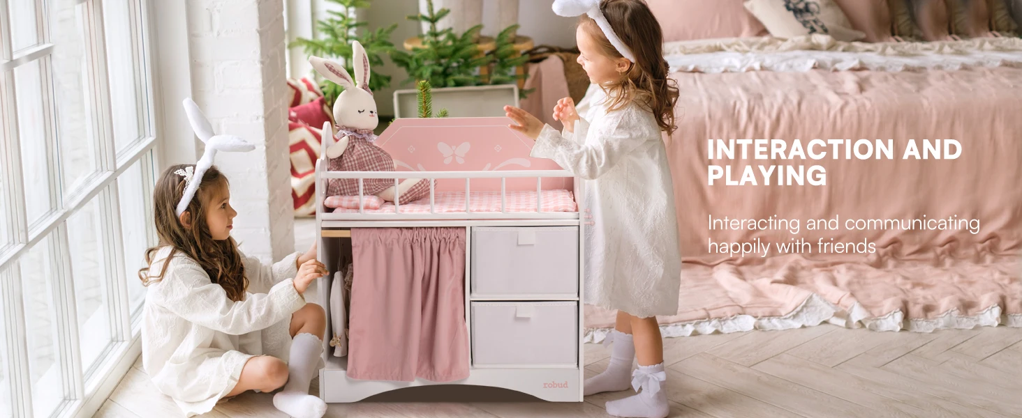 ROBUD Wooden Baby Doll Bed Prentend Playset with Storage and Bedding Sturdy for 18 Inch Dolls Baby Doll Cribs Nice Gift for Kids