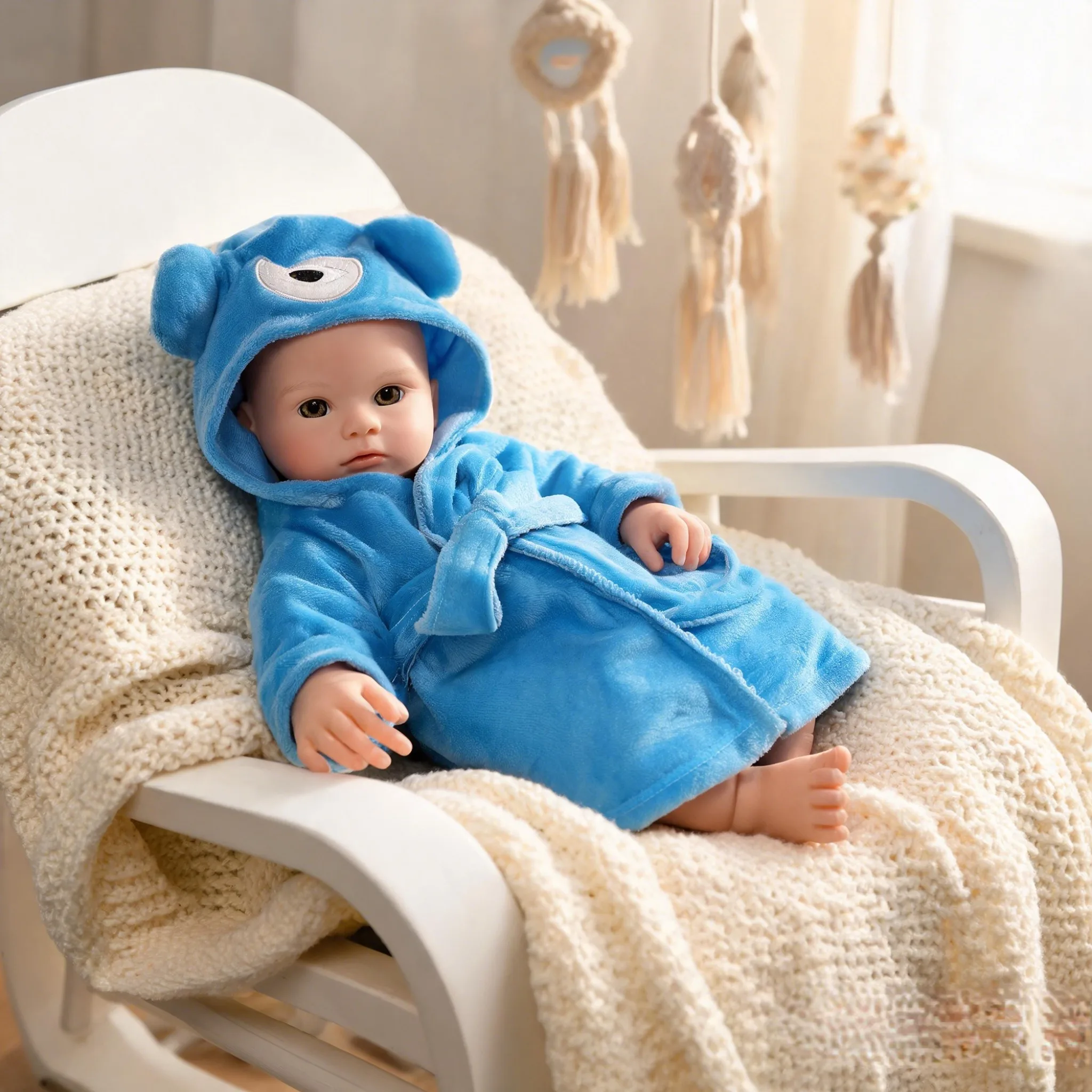 13 Inch Full Silicone Reborn Baby Doll Bald Mouth For Feeding 3D Veins Lifelike Paint Blue Bathrobe Collectible Art Doll Xmas Birthday Gift