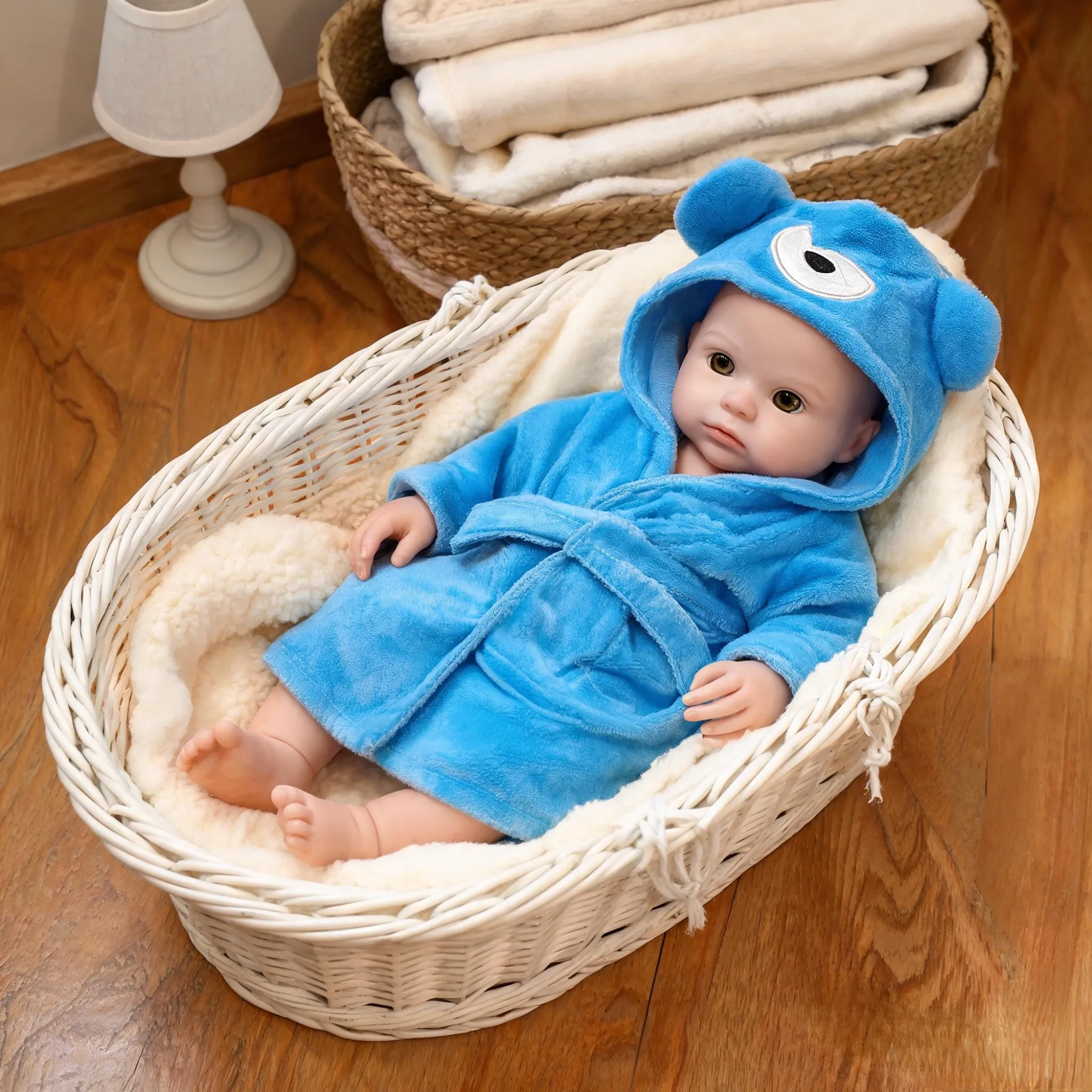 13 Inch Full Silicone Reborn Baby Doll Bald Mouth For Feeding 3D Veins Lifelike Paint Blue Bathrobe Collectible Art Doll Xmas Birthday Gift