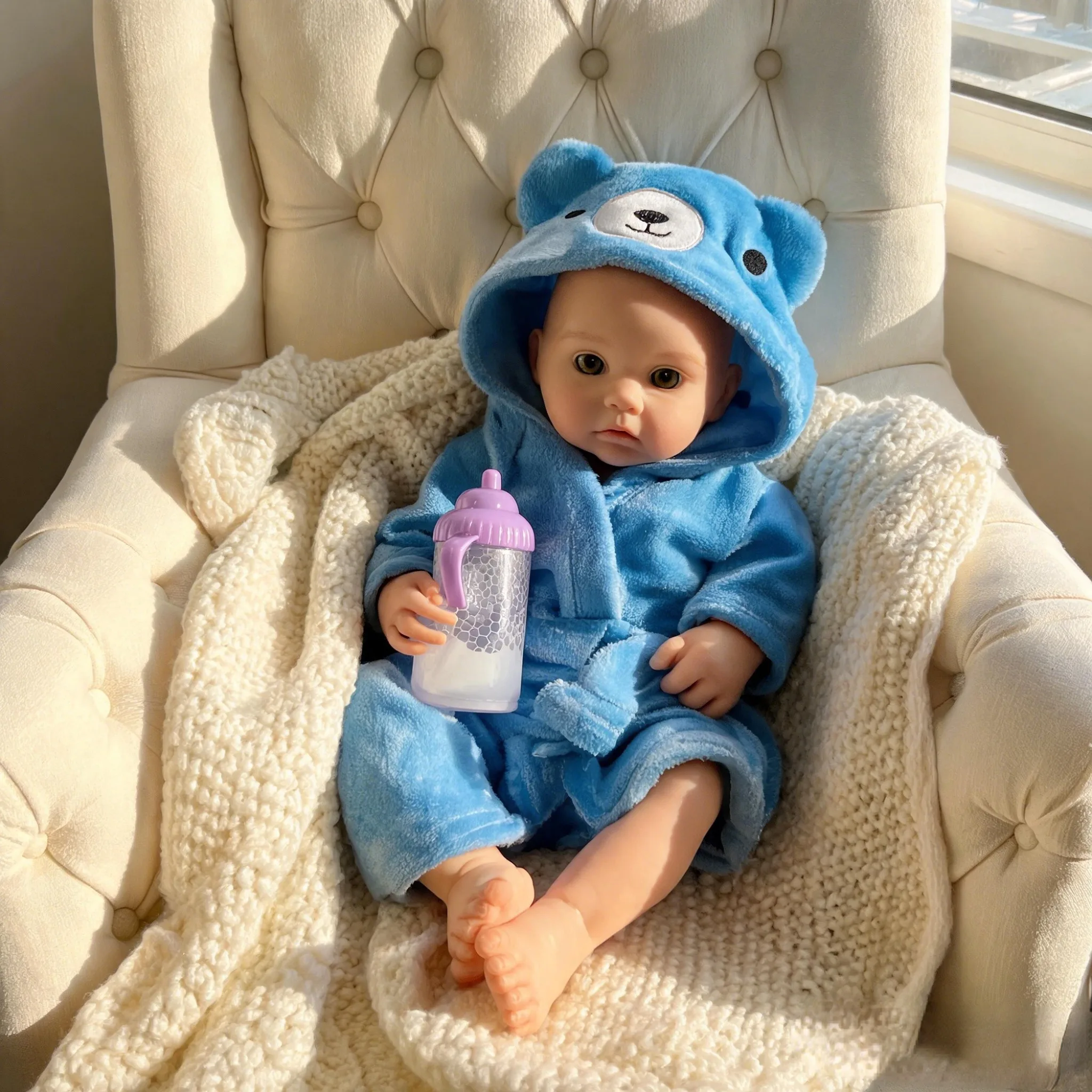 13 Inch Full Silicone Reborn Baby Doll Bald Mouth For Feeding 3D Veins Lifelike Paint Blue Bathrobe Collectible Art Doll Xmas Birthday Gift