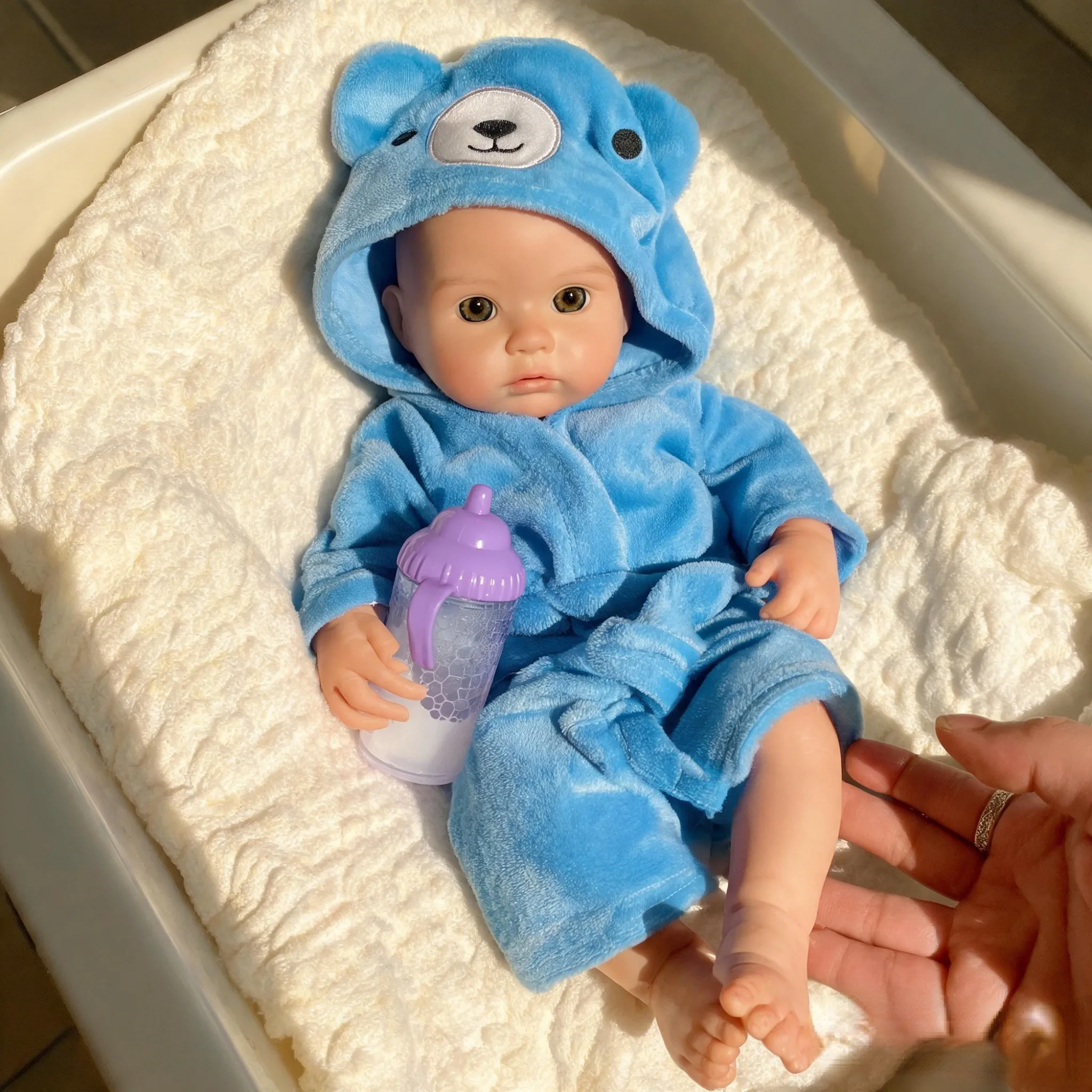 13 Inch Full Silicone Reborn Baby Doll Bald Mouth For Feeding 3D Veins Lifelike Paint Blue Bathrobe Collectible Art Doll Xmas Birthday Gift