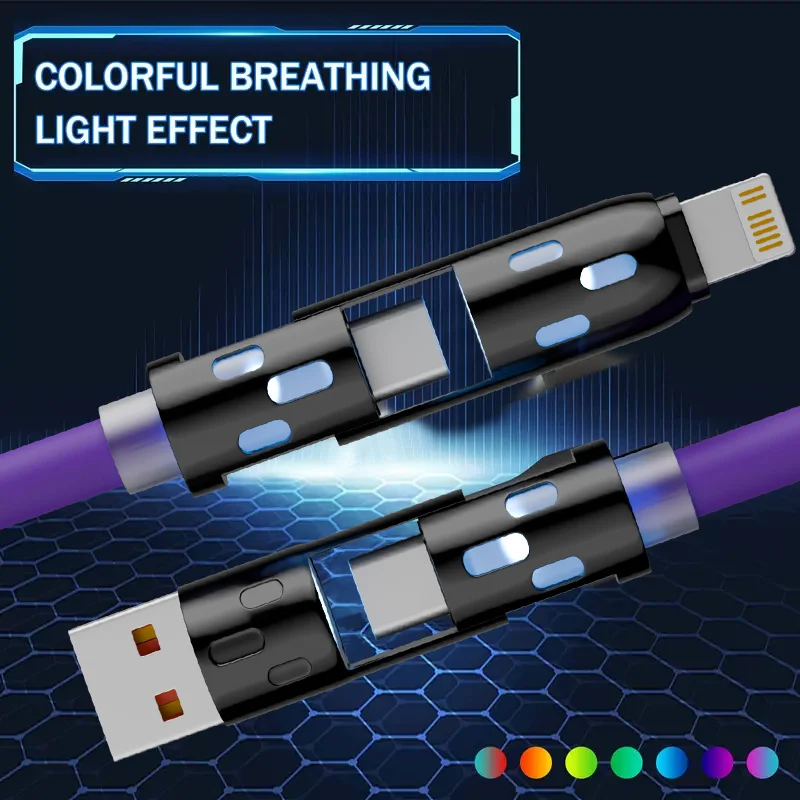1M/3.3FT 240W 4-in-1 PD 5A Fast Charging With USB A, Type-C, Lightning Ultra Soft Silicone Data Cable, Compatible With For IPhone 17/16/15/ 14/13, For IPad Pro, For Samsung, And For Laptops, Multi-Device Compatible