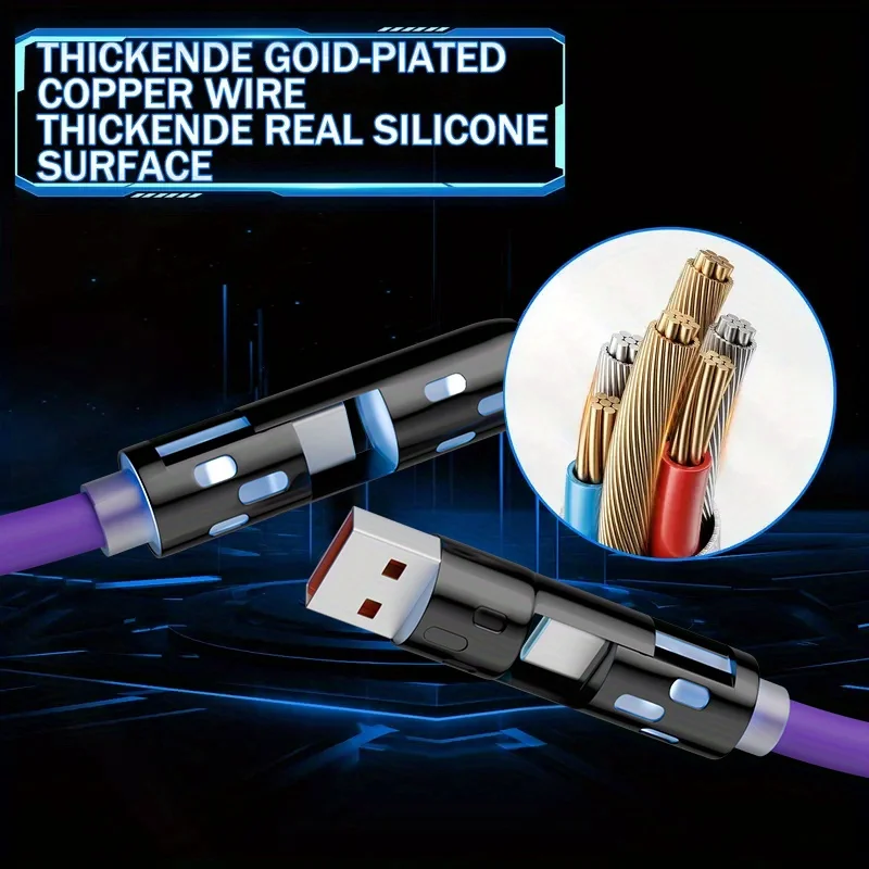 1M/3.3FT 240W 4-in-1 PD 5A Fast Charging With USB A, Type-C, Lightning Ultra Soft Silicone Data Cable, Compatible With For IPhone 17/16/15/ 14/13, For IPad Pro, For Samsung, And For Laptops, Multi-Device Compatible