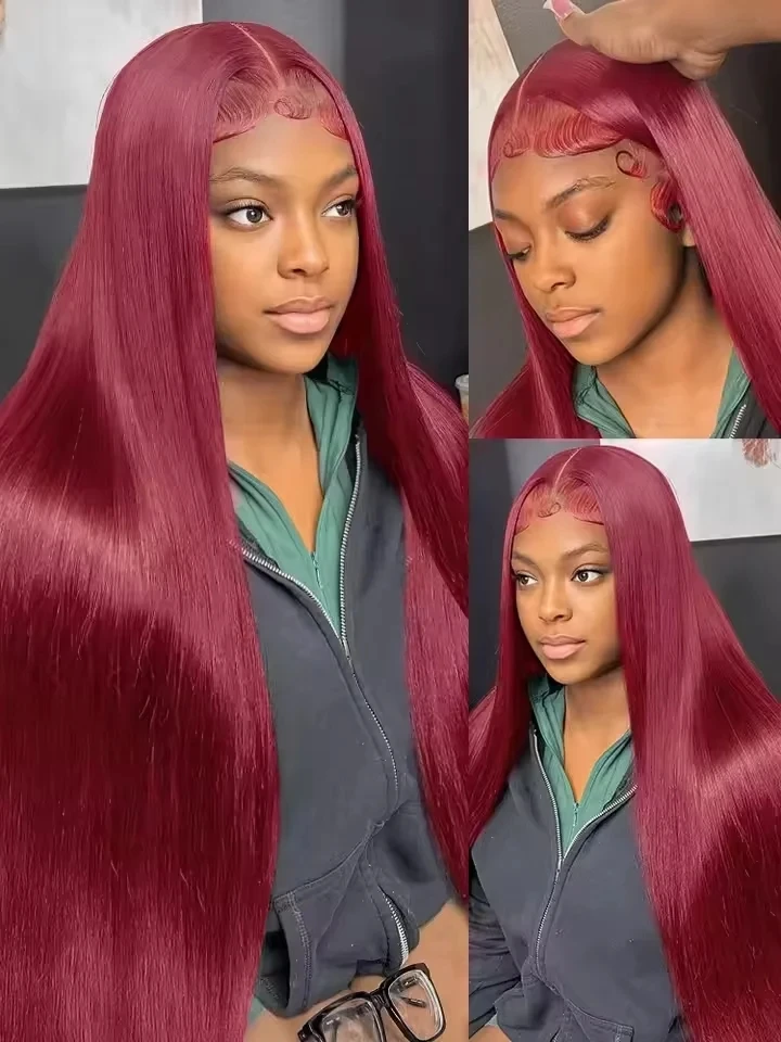 HD 13x6 Lace Frontal Wigs 99J Burgundy Straight Human Hair 13x4 Lace Front Wigs Pre-Pre plucked Red Wine Colored Human Hair Wigs for Women