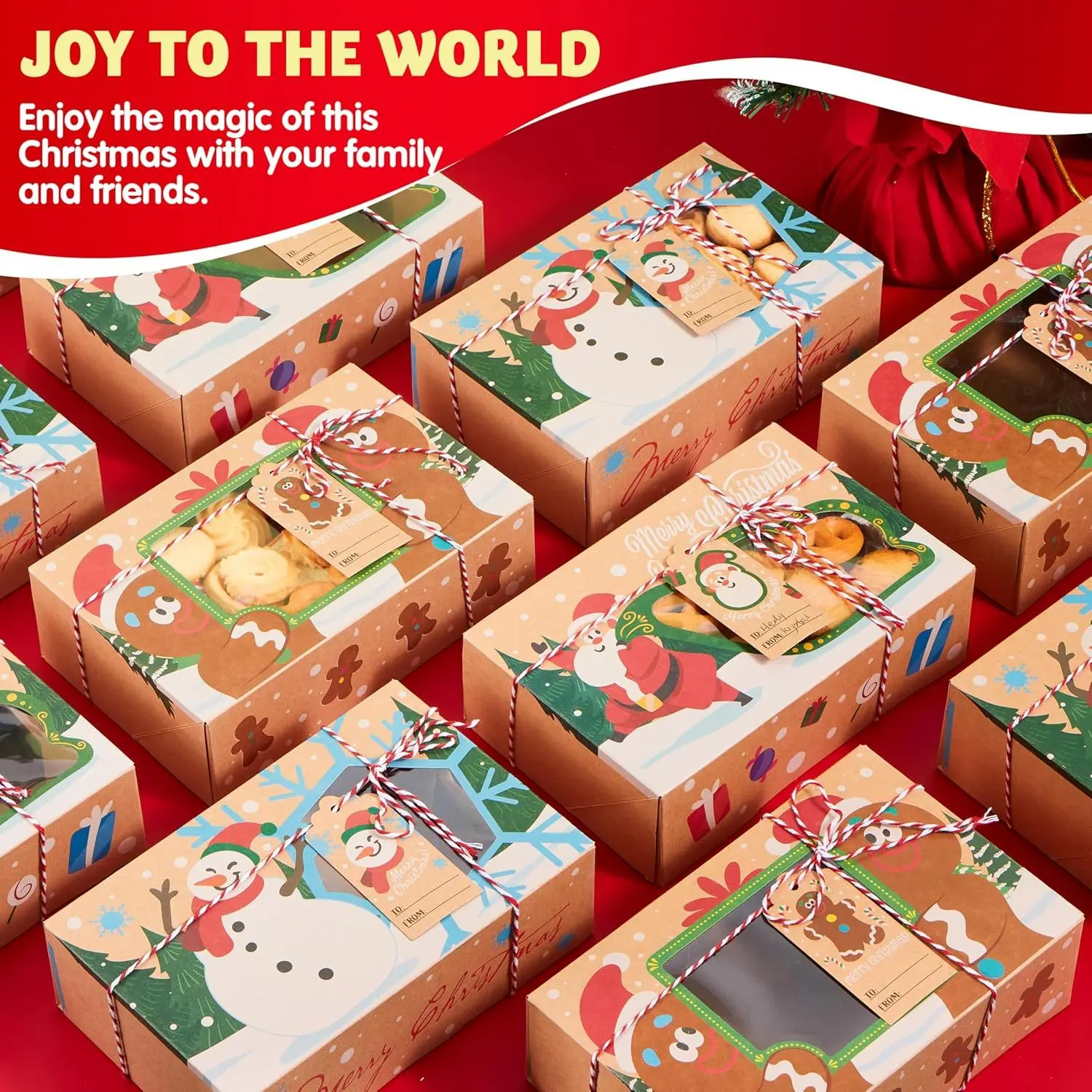 24 PCS Christmas Cookie Gift Baking Box 8.75"x 5.75"x 2.75"with Window Auto-Popup Xmas Holiday Treat Boxes Containers with Tags for Party Favor Pastries, Cupcake, Brownies, Donut Gift-Giving, Box Packs