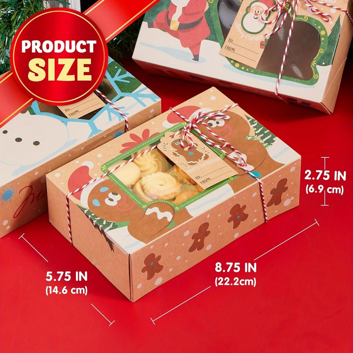 24 PCS Christmas Cookie Gift Baking Box 8.75"x 5.75"x 2.75"with Window Auto-Popup Xmas Holiday Treat Boxes Containers with Tags for Party Favor Pastries, Cupcake, Brownies, Donut Gift-Giving, Box Packs