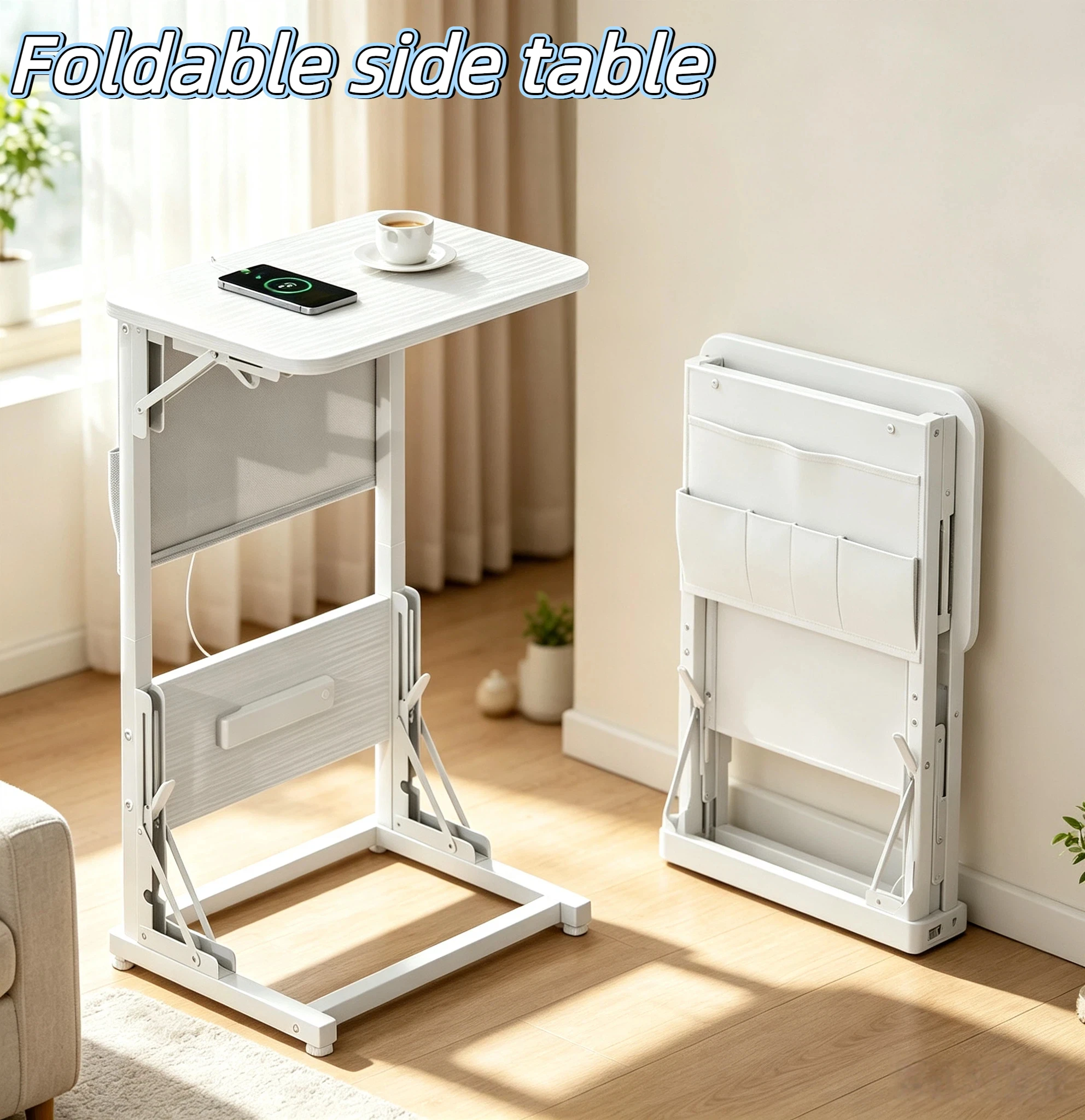Height Adjustable C Shaped End Table with Charging Station Foldable Couch Side Table with Storage Bag 2 AC Outlets 2 USB Ports for Bedroom Living Room