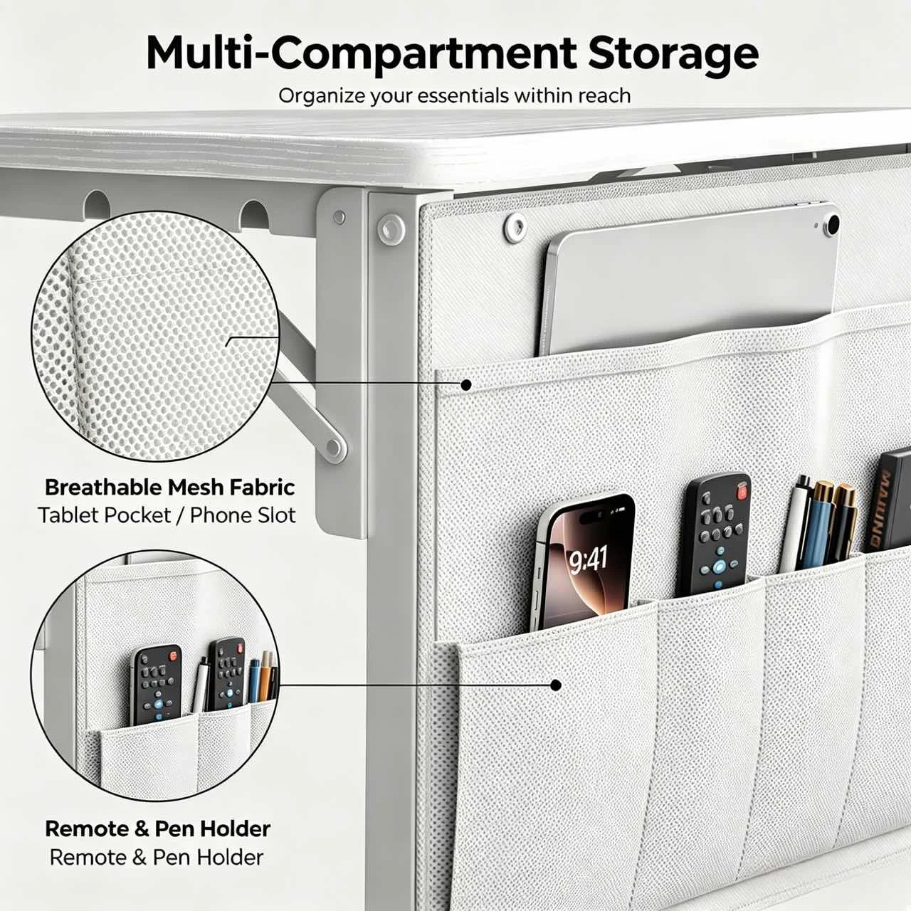Height Adjustable C Shaped End Table with Charging Station Foldable Couch Side Table with Storage Bag 2 AC Outlets 2 USB Ports for Bedroom Living Room