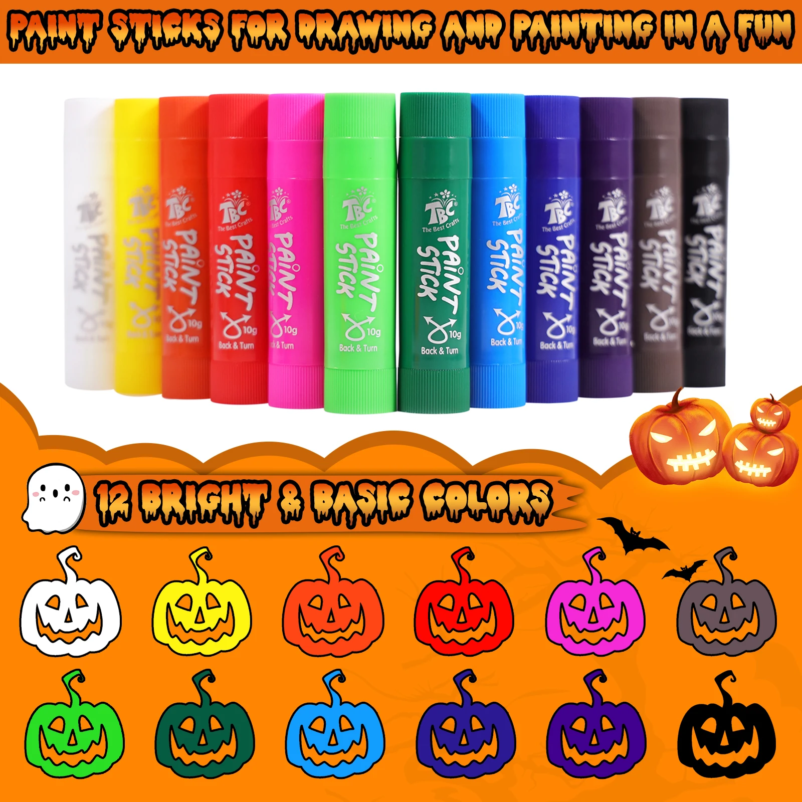 TBC The Best Crafts Paint Sticks for Kids Ages 2-8, 12 Classic Colors Washable, Non-toxic, Tempera Paint Sticks for Crafts, Art Supplies, and Birthday Gifts