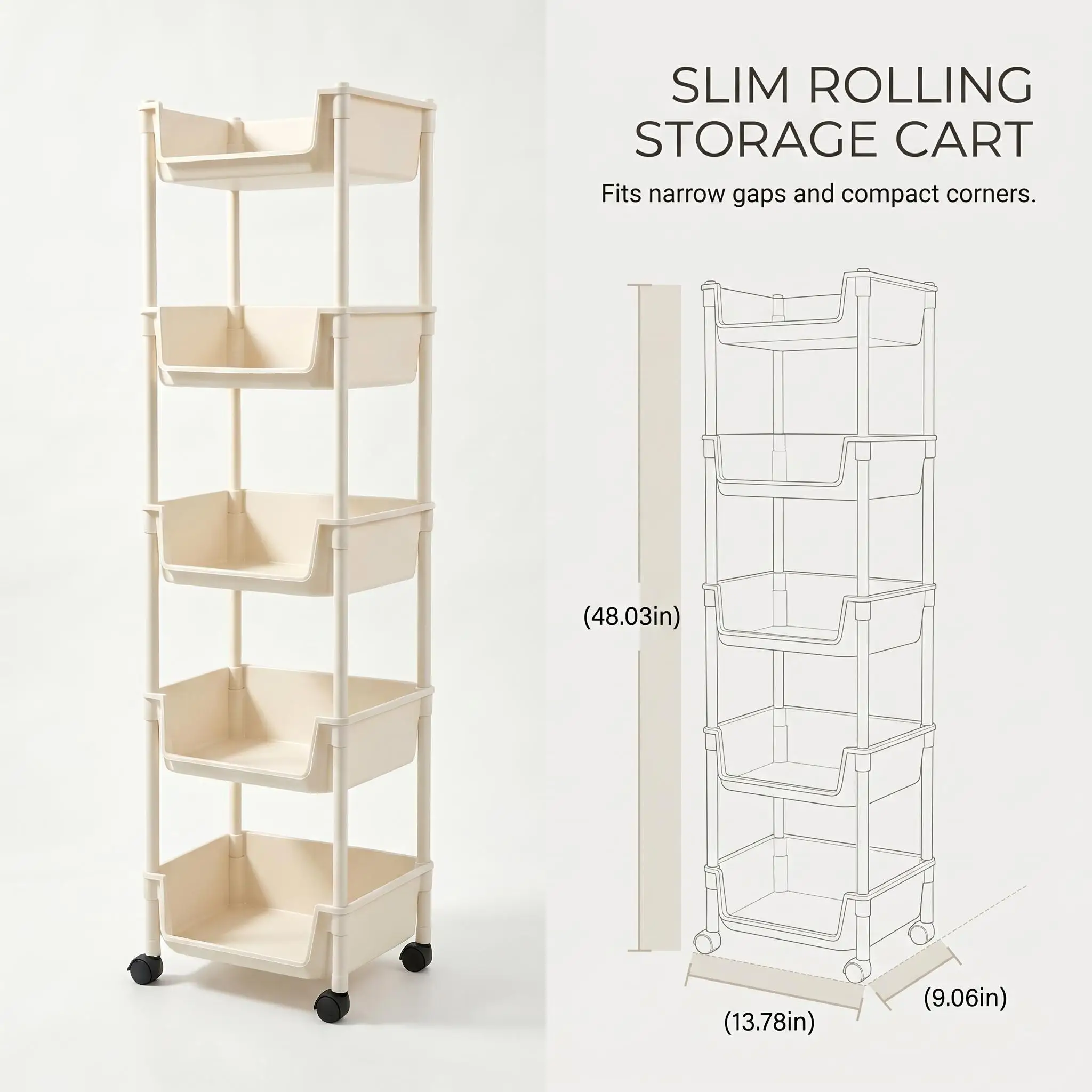 5-Tier Plastic Rolling Utility Cart Mobile Storage Organizer Basket with Wheels Open-Front Shelving Unit for Kitchen Bathroom Living Room Bedroom Toy Organization Space Saving Rack