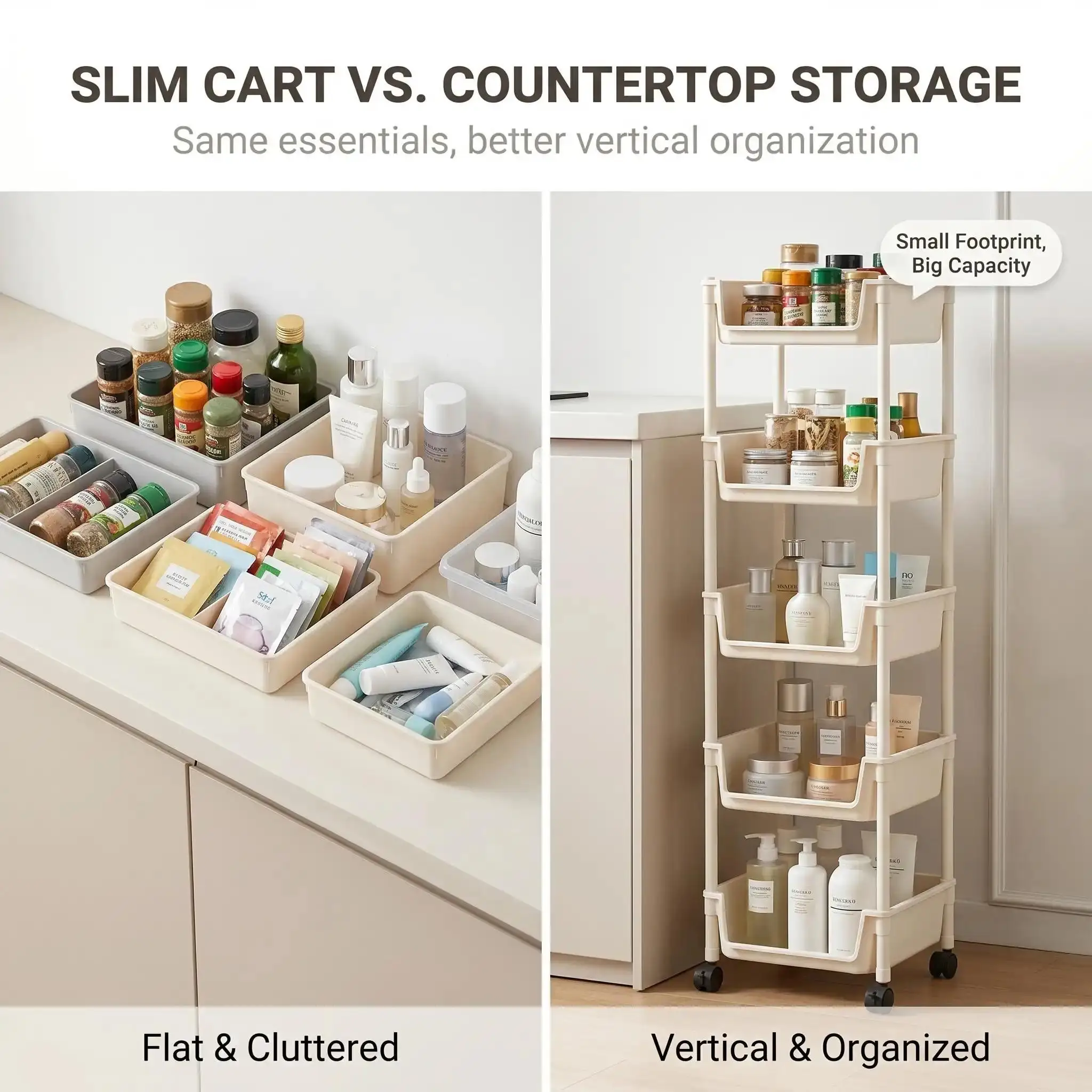5-Tier Plastic Rolling Utility Cart Mobile Storage Organizer Basket with Wheels Open-Front Shelving Unit for Kitchen Bathroom Living Room Bedroom Toy Organization Space Saving Rack