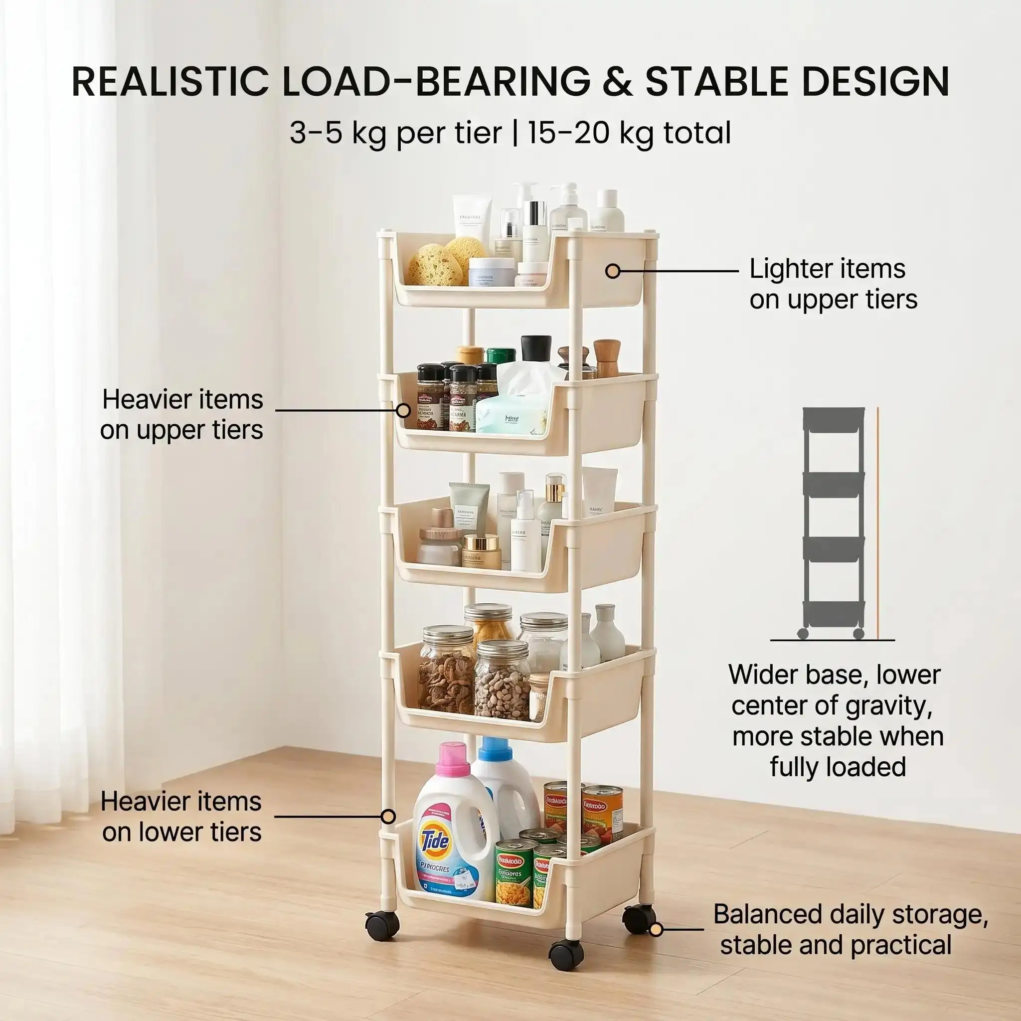 5-Tier Plastic Rolling Utility Cart Mobile Storage Organizer Basket with Wheels Open-Front Shelving Unit for Kitchen Bathroom Living Room Bedroom Toy Organization Space Saving Rack