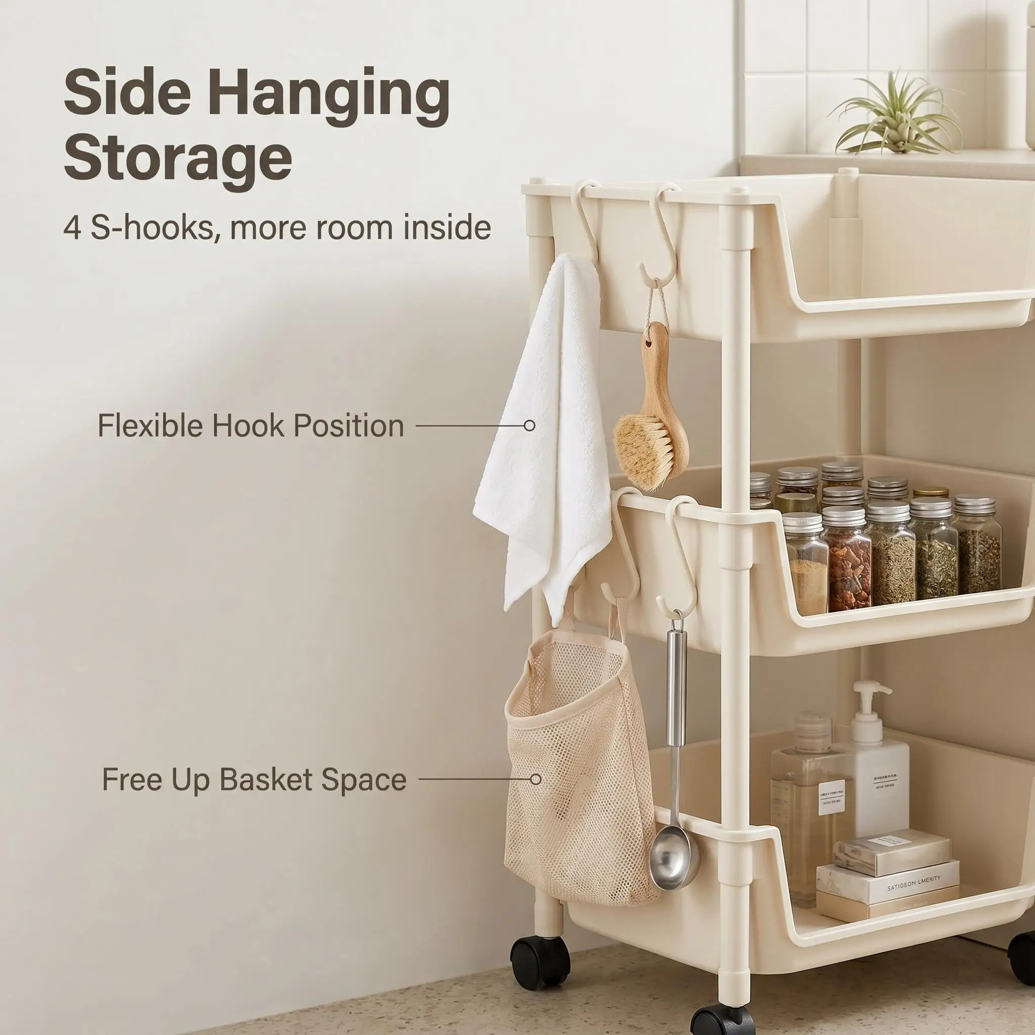 5-Tier Plastic Rolling Utility Cart Mobile Storage Organizer Basket with Wheels Open-Front Shelving Unit for Kitchen Bathroom Living Room Bedroom Toy Organization Space Saving Rack