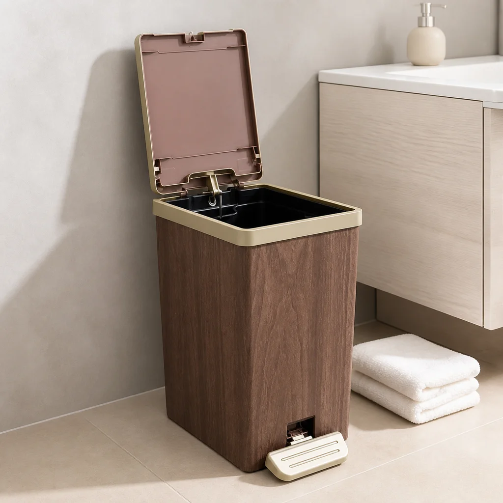 Wood Grain Square Pedal Trash Can, Plastic Step‑On Garbage Bin with Removable Inner Bucket, Odor‑Proof Lidded Waste Bin with Gold Accent for Bathroom Kitchen Bedroom Office Home