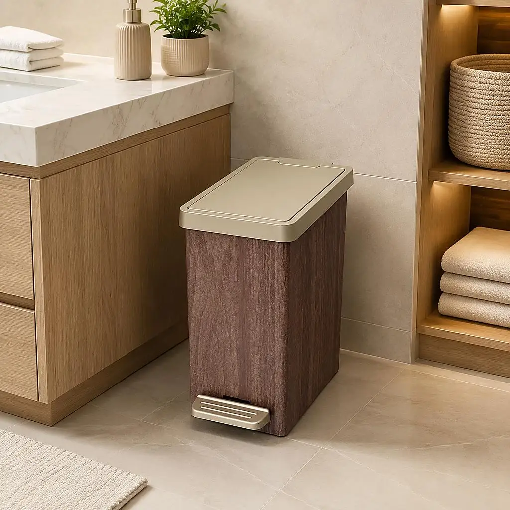 Wood Grain Square Pedal Trash Can, Plastic Step‑On Garbage Bin with Removable Inner Bucket, Odor‑Proof Lidded Waste Bin with Gold Accent for Bathroom Kitchen Bedroom Office Home