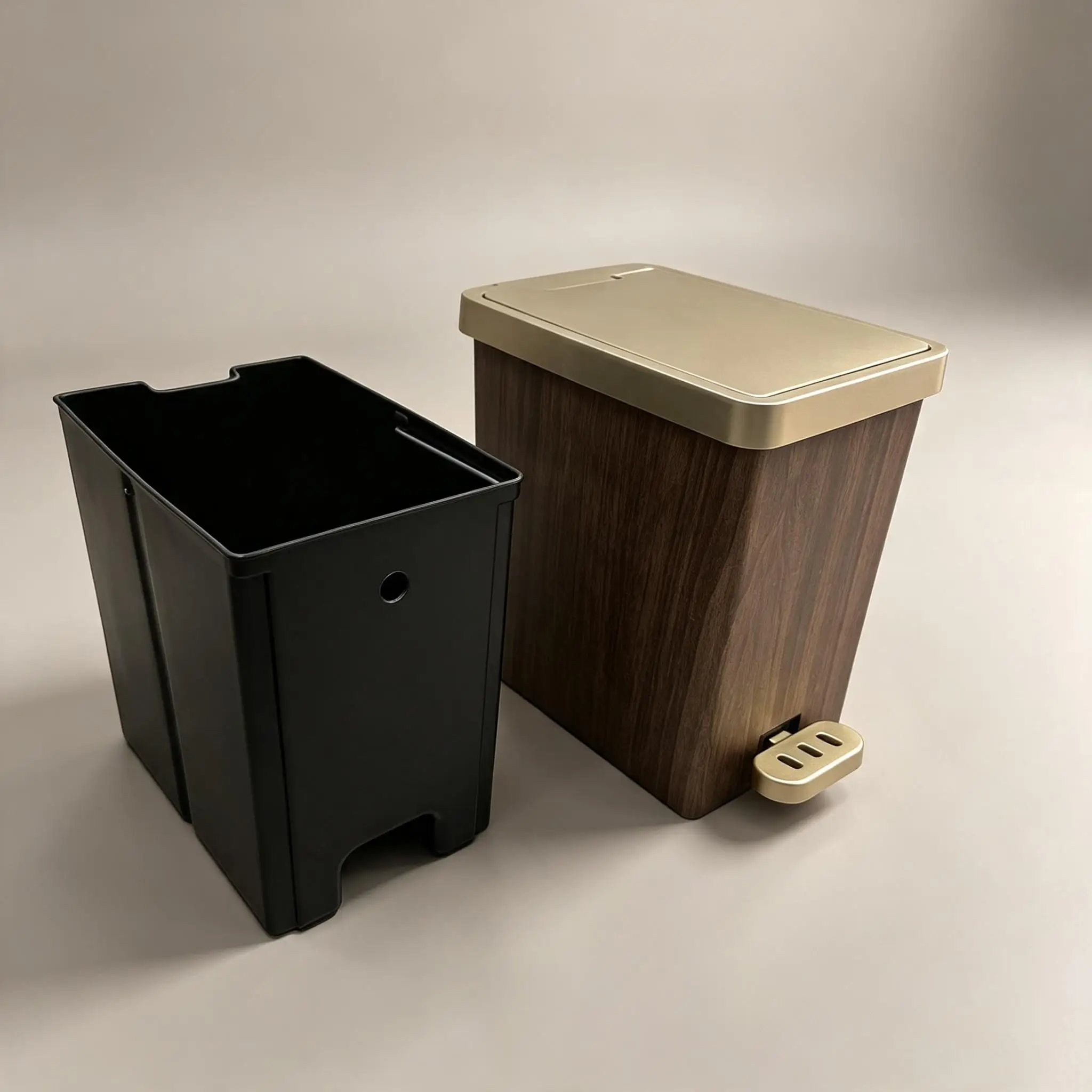 Wood Grain Square Pedal Trash Can, Plastic Step‑On Garbage Bin with Removable Inner Bucket, Odor‑Proof Lidded Waste Bin with Gold Accent for Bathroom Kitchen Bedroom Office Home