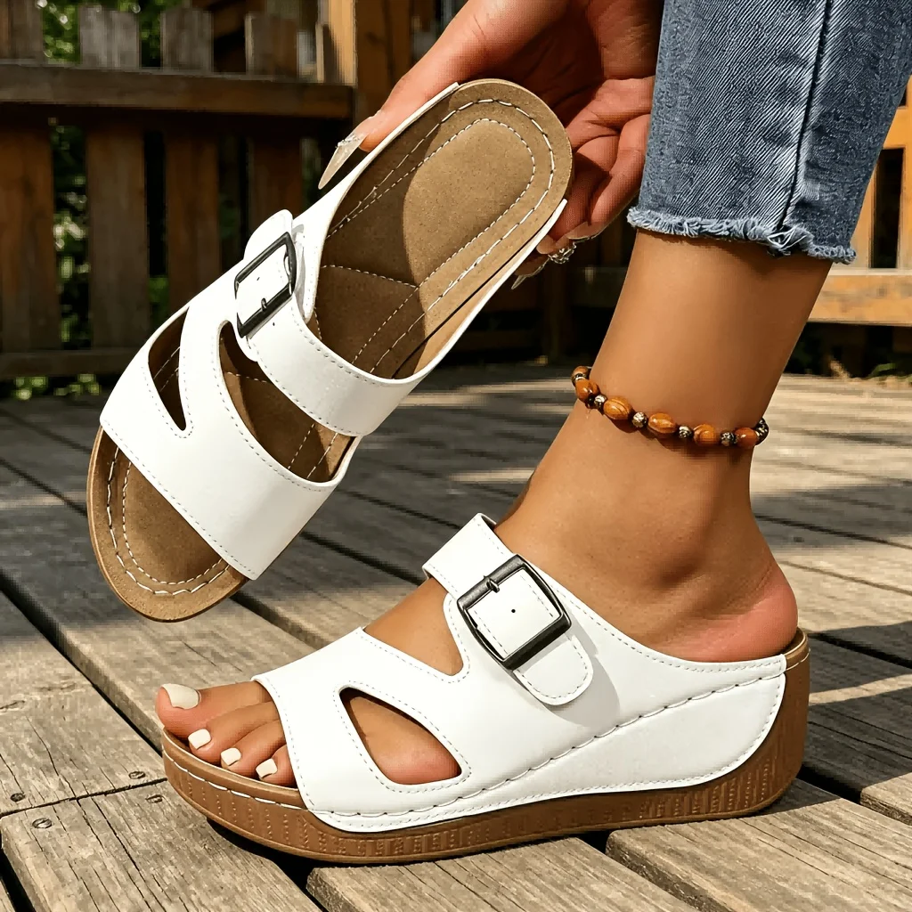 Comfort Ladies Open Toe Cork Wedge Platform Slide Slippers Double Adjustable Buckle Strap Anti Slip Soft Insole Mule Sandals Women Summer Beach Shopping Outdoor Daily Casual Walking Footwear Solid Black White Two Colors
