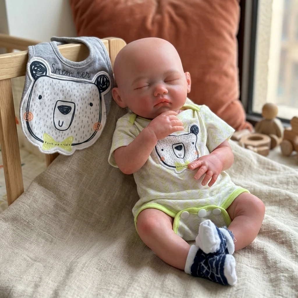 18 Inch Full Body Silicone Reborn Doll Bald Sleeping Closed Eyes Lifelike Newborn Hand Painted Waterproof Collectible Art Ornament for Holiday and Birthday Gifts