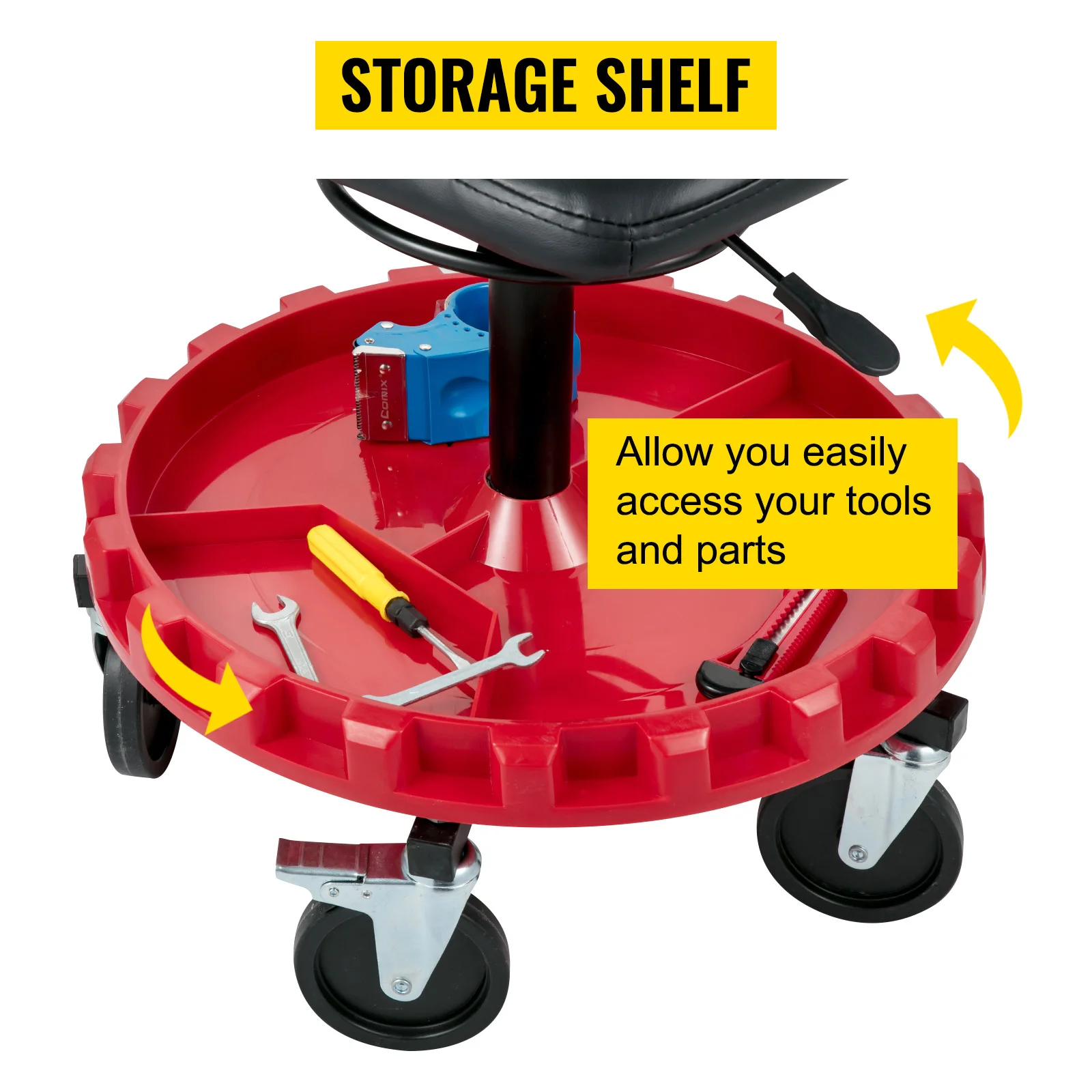SucceBuy Rolling Garage Stool 300LBS Capacity 21"-26" Adjustable Height Range Mechanic Seat with Swivel Casters and Tool Tray