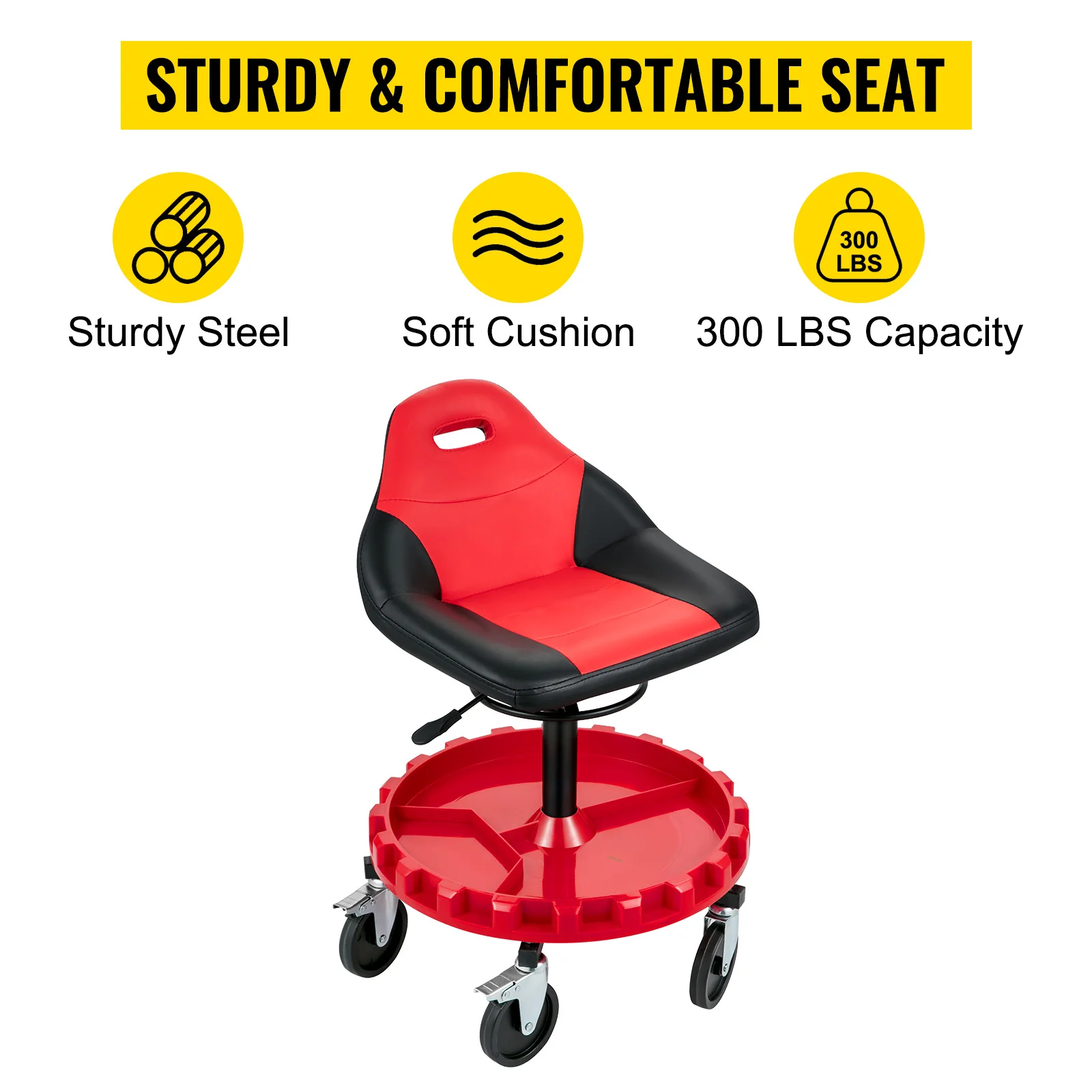 SucceBuy Rolling Garage Stool 300LBS Capacity 21"-26" Adjustable Height Range Mechanic Seat with Swivel Casters and Tool Tray