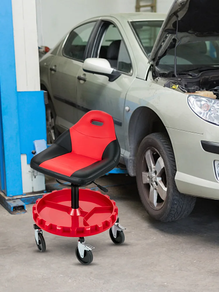 SucceBuy Rolling Garage Stool 300LBS Capacity 21"-26" Adjustable Height Range Mechanic Seat with Swivel Casters and Tool Tray