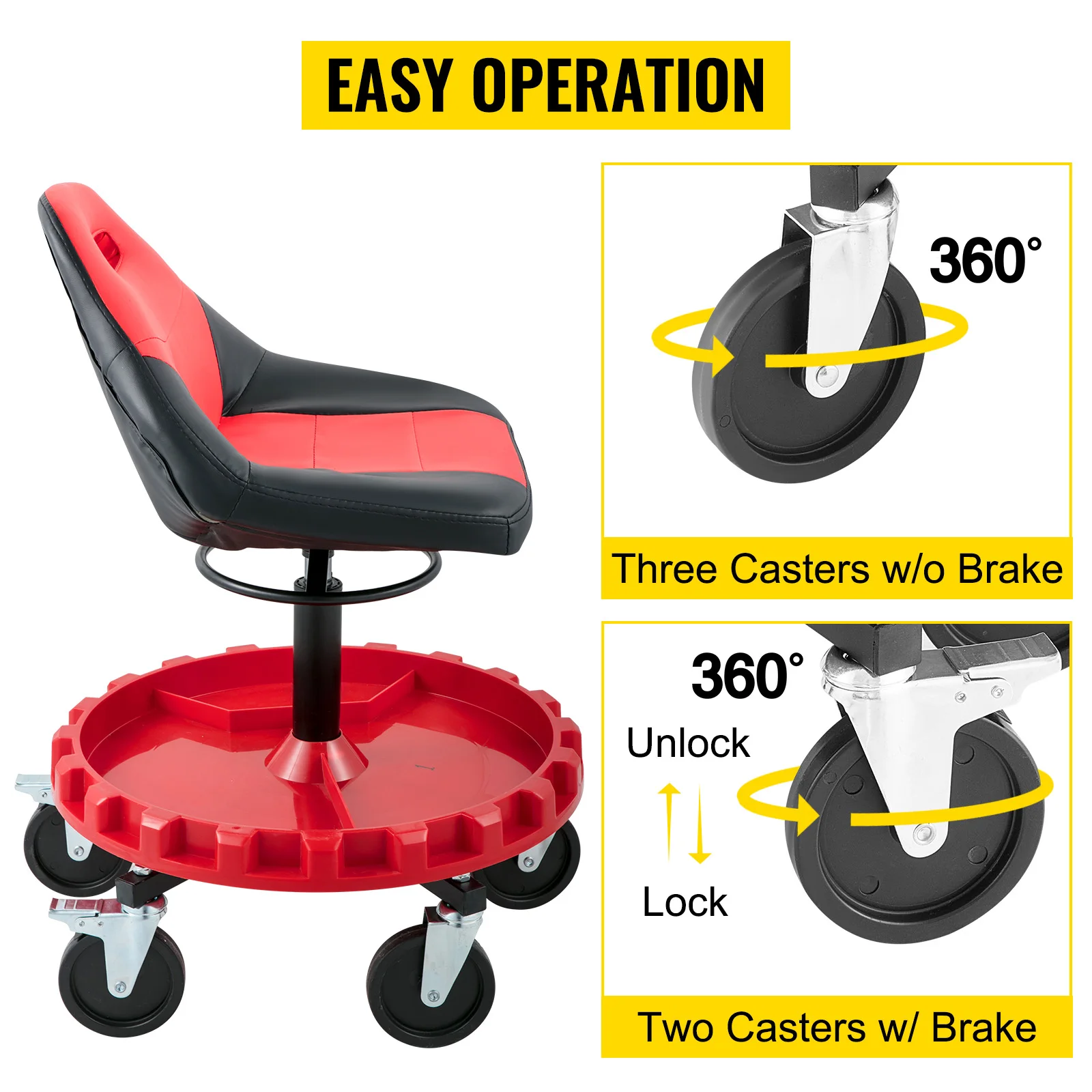 SucceBuy Rolling Garage Stool 300LBS Capacity 21"-26" Adjustable Height Range Mechanic Seat with Swivel Casters and Tool Tray