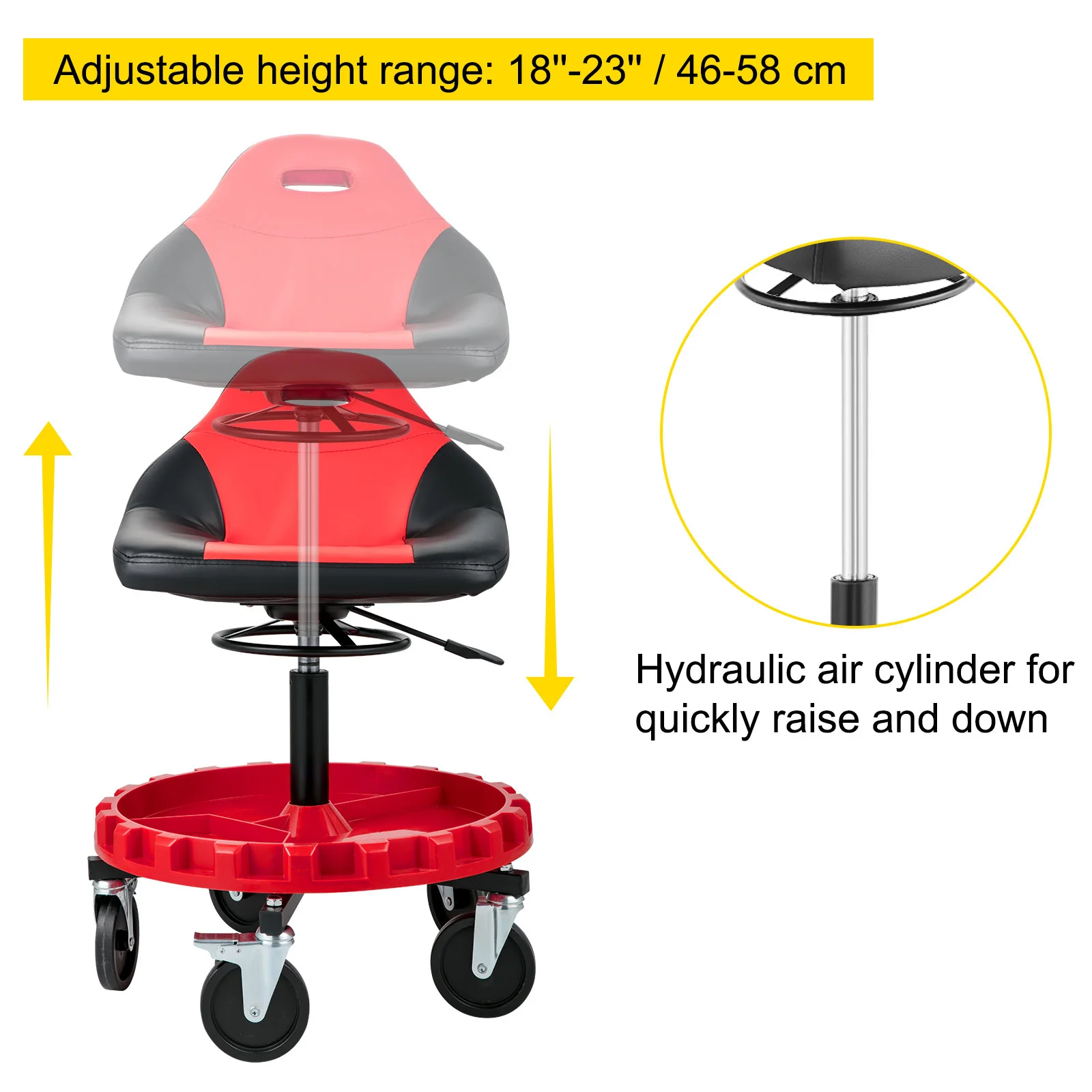 SucceBuy Rolling Garage Stool 300LBS Capacity 21"-26" Adjustable Height Range Mechanic Seat with Swivel Casters and Tool Tray