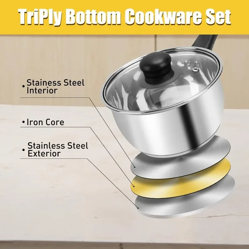 6Pcs Stainless Steel Pot Set Triply Bottom Sauce Pan with Lid 1QT 2QT 3QT Kitchen Cooking Cookware Set