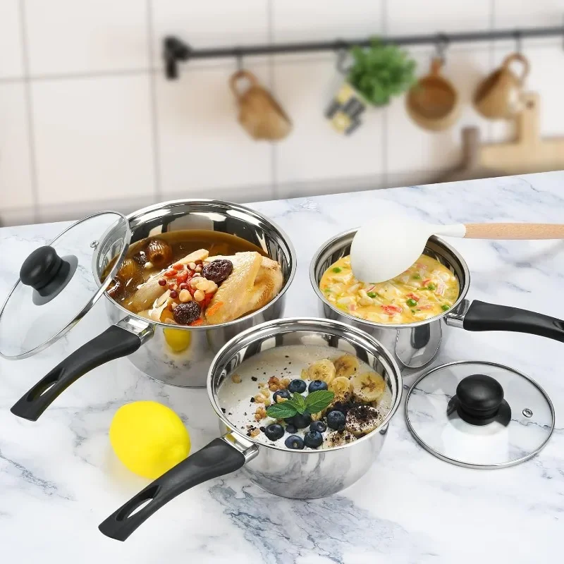 6Pcs Stainless Steel Pot Set Triply Bottom Sauce Pan with Lid 1QT 2QT 3QT Kitchen Cooking Cookware Set