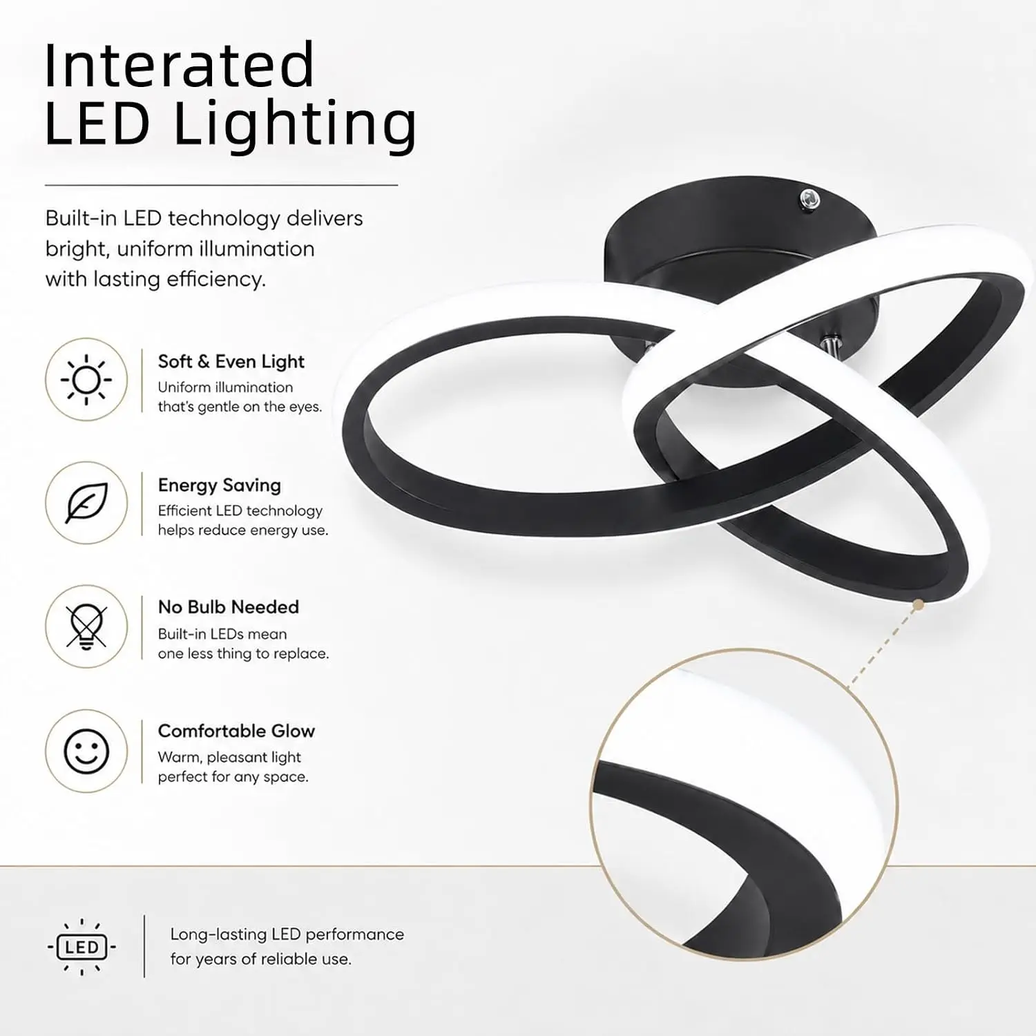 Modern 10-inch Curved LED Semi Flush Mount Ceiling Light,6000K Cool White