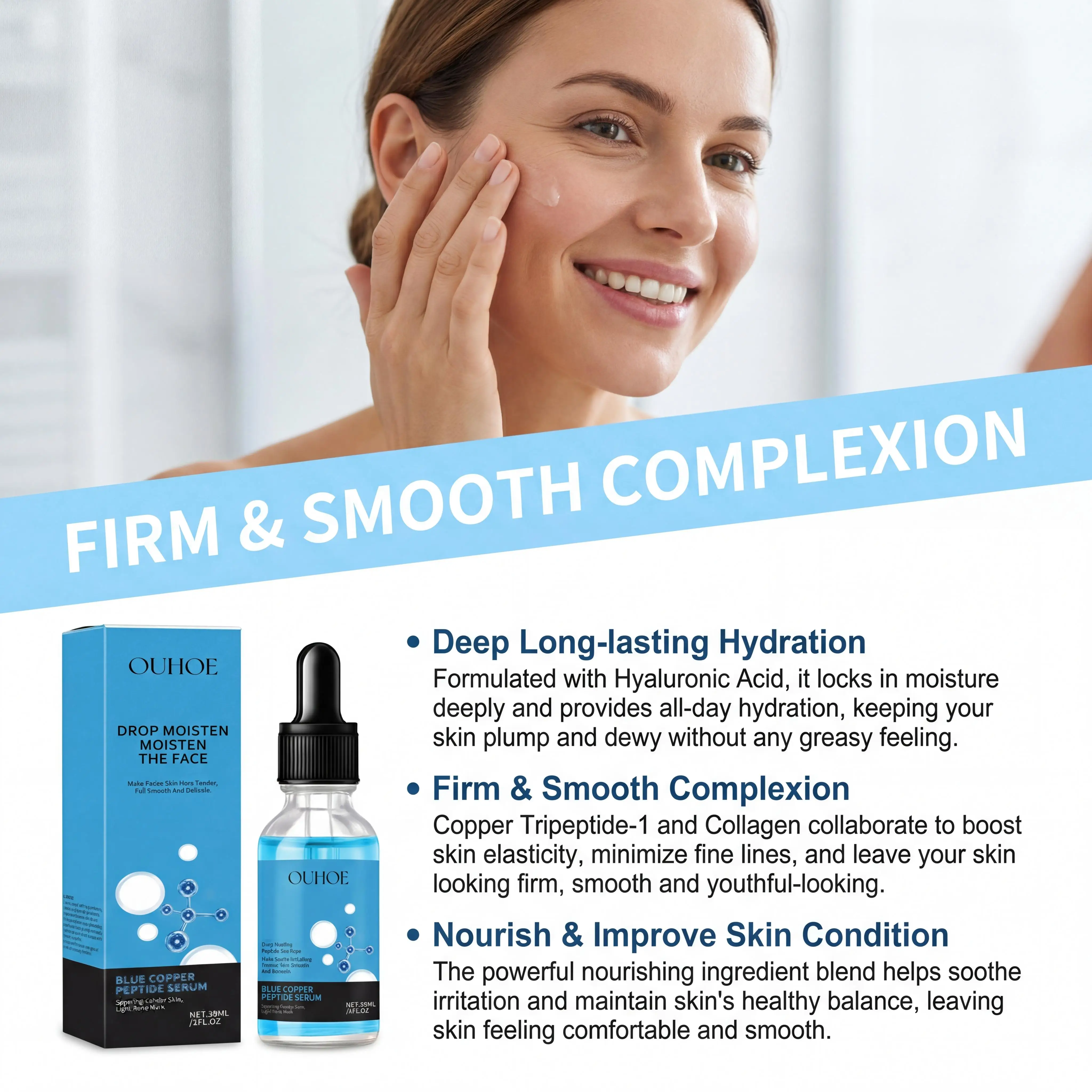 GHK-Cu Copper Peptide Face Serum with Hyaluronic Acid Anti-Aging Moisturizer Fine Lines Firming Skin Elasticity Hydrating Facial Serum