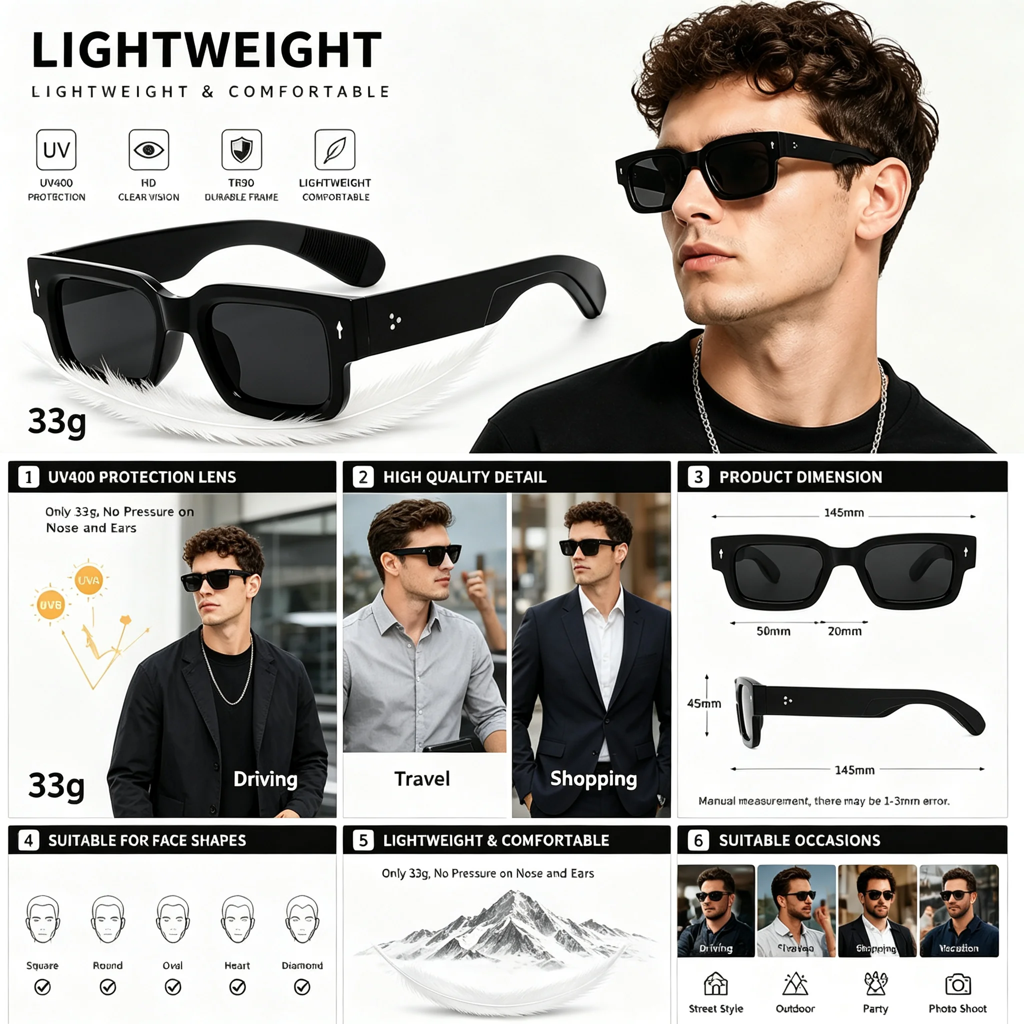 Thick Square Frame Sunglasses UV400 Protection Men Women Retro Black Shades 100% UVA UVB Blocking Eyewear For Beach Travel Street Fashion