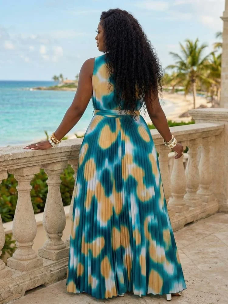 Plus Size Stand Collar Sleeveless Button Detail Waist Tie Floor Length Dress For Women Daily Vacation Pleated Long Dress